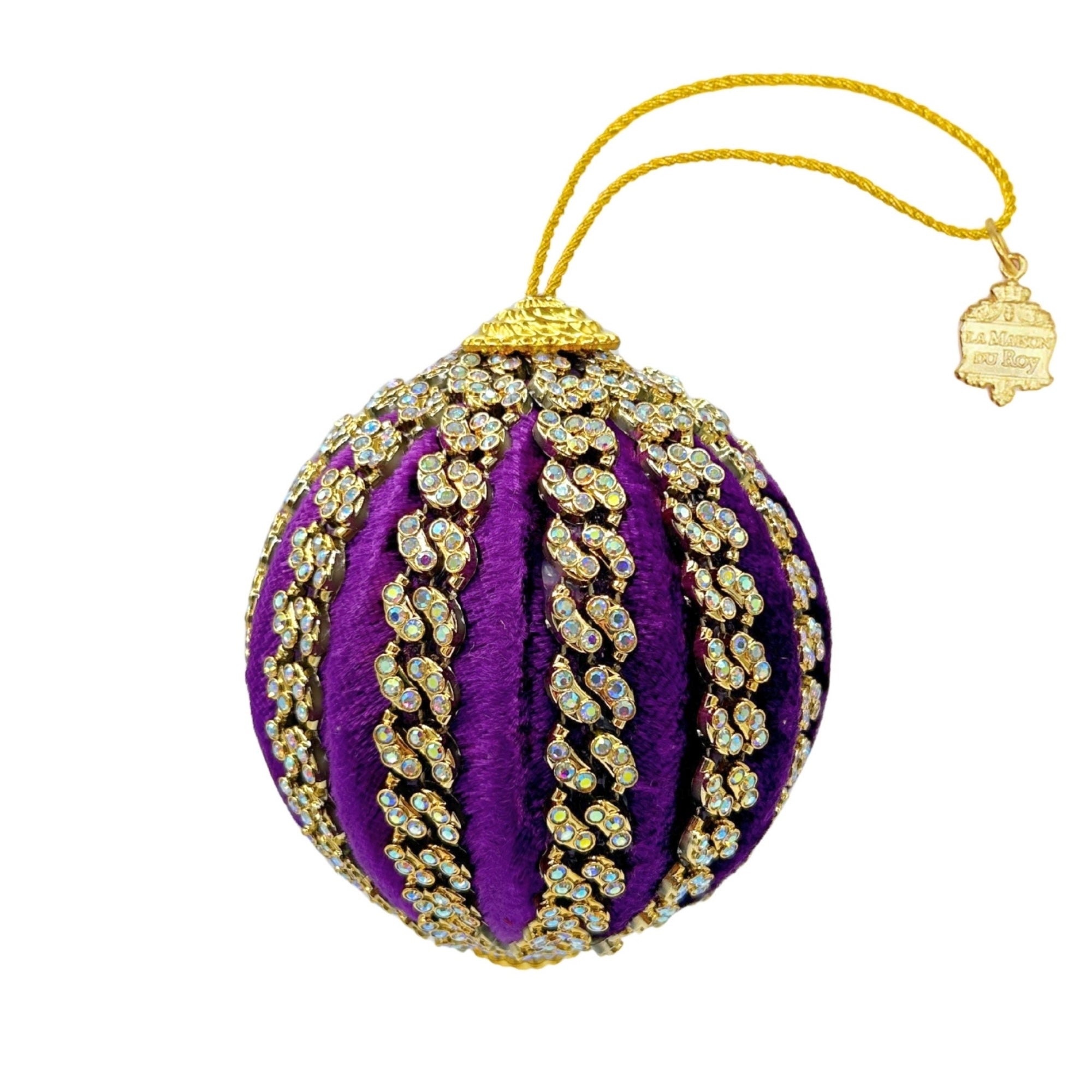 Boule de Noël en velours violet ornée de chaines strassées dorées et cordon doré