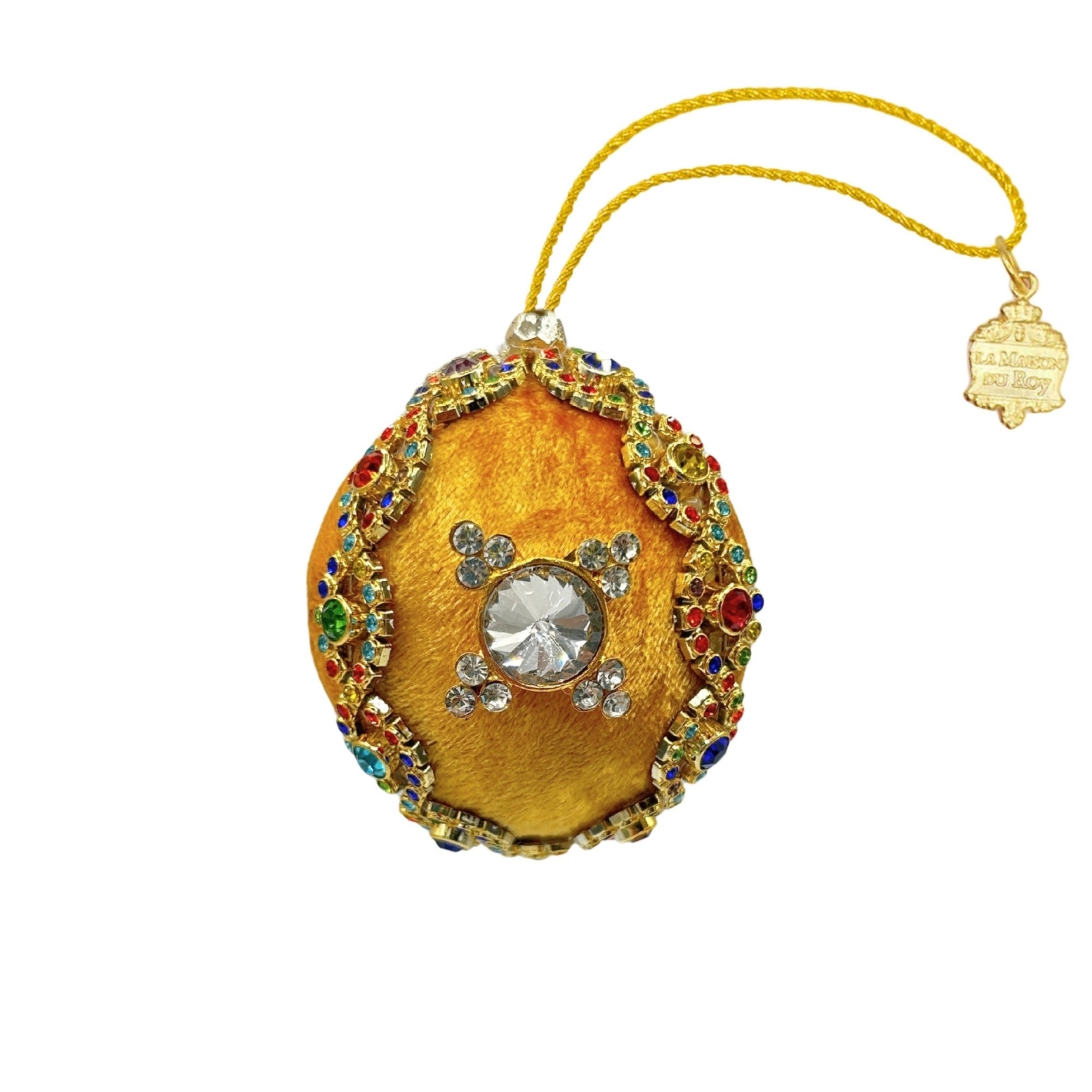 Boule de Noël en velours doré ornée de strass multicolores et médaillon doré