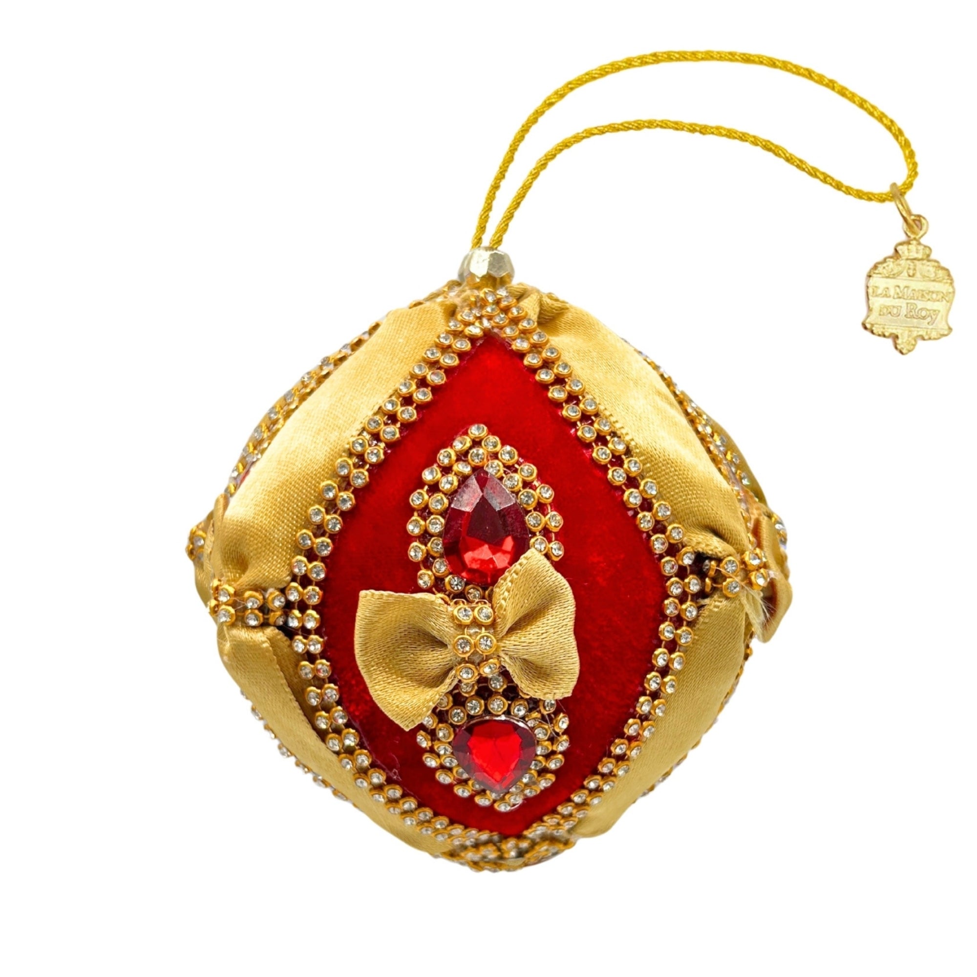 Boule de Noël en velours rouge et satin doré, ornée de strass et d'un noeud