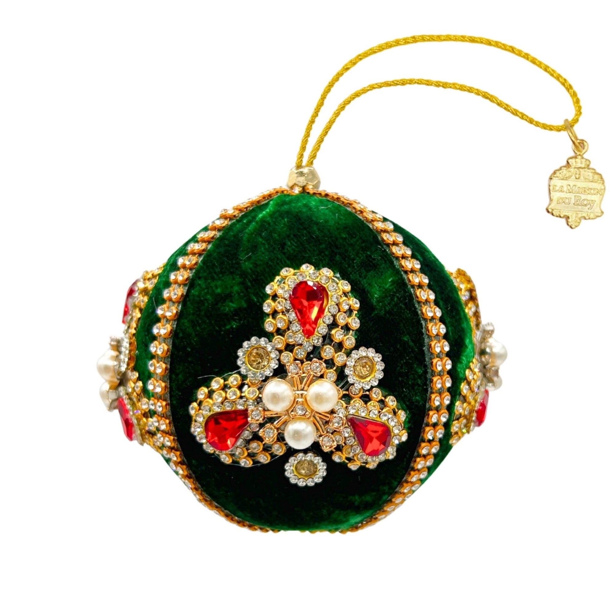 Boule de Noël en velours vert brodée de perles et strass rouges, cordon doré