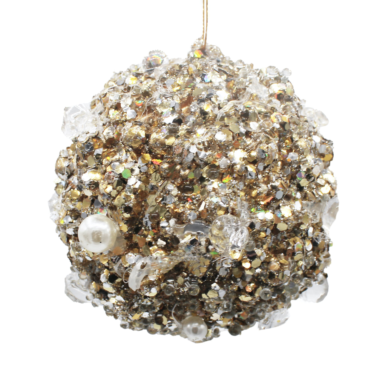 Boule de Noël argentée et dorée en paillettes, cristaux transparents et perles
