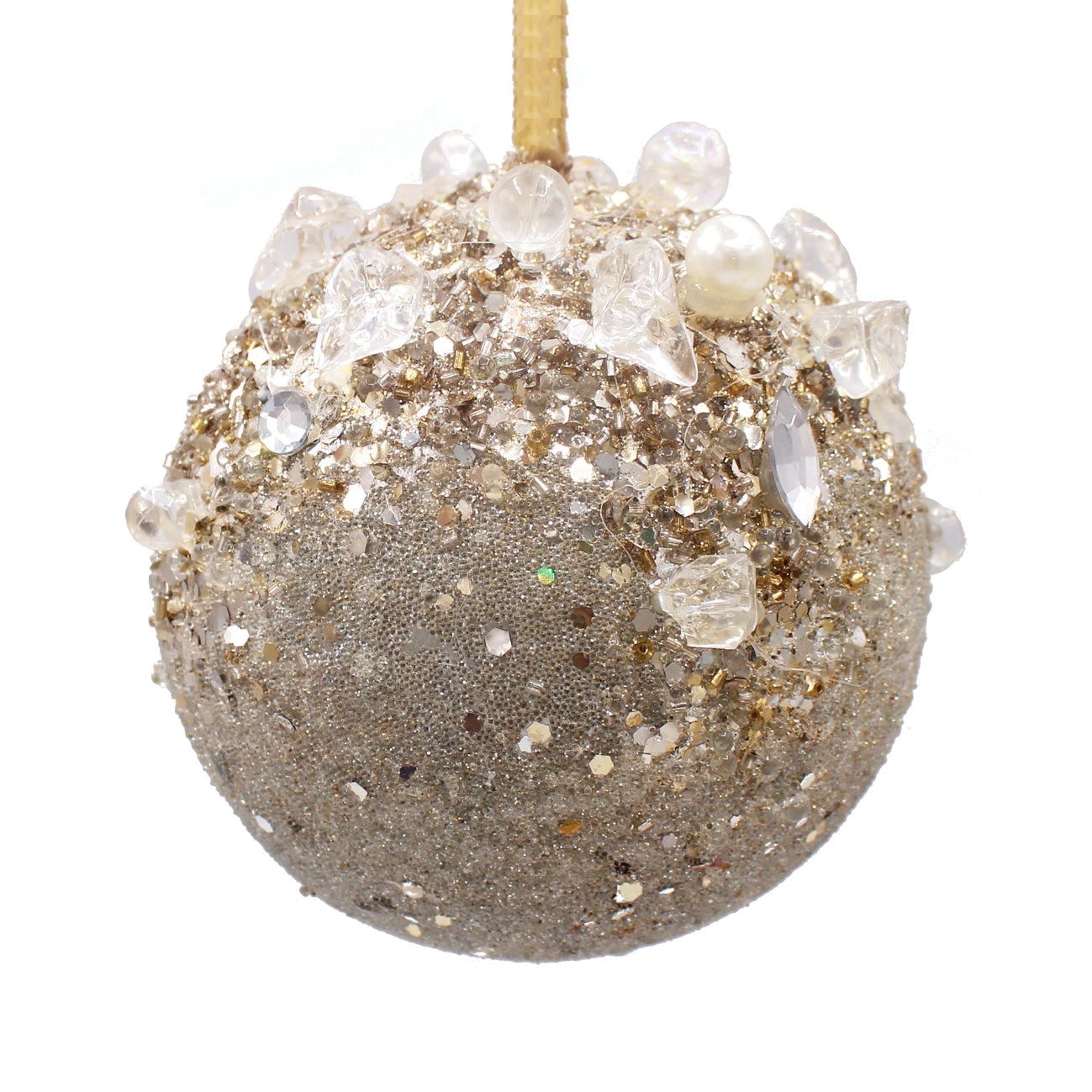 Boule de Noël argentée et dorée pailletée avec cristaux transparents et cordon doré
