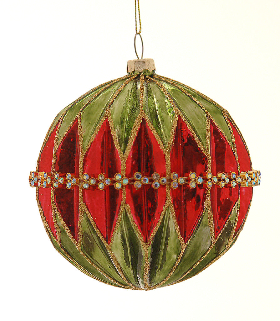 Boule de Noël en verre rouge et vert, motifs géométriques dorés et bandeau de strass