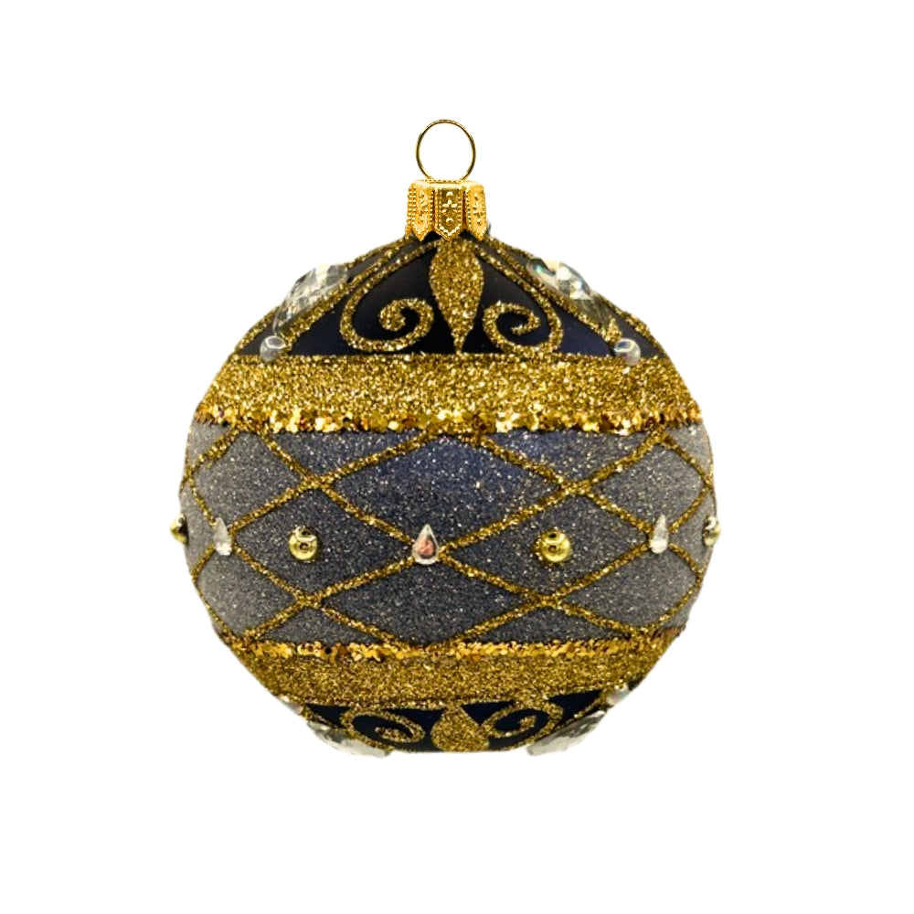 Boule de Noël en verre soufflé gris et noir, treillis doré et perles scintillantes