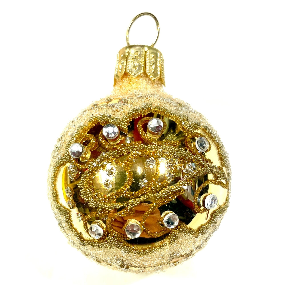 Boule de Noël en verre soufflé doré, décorée de paillettes et strass