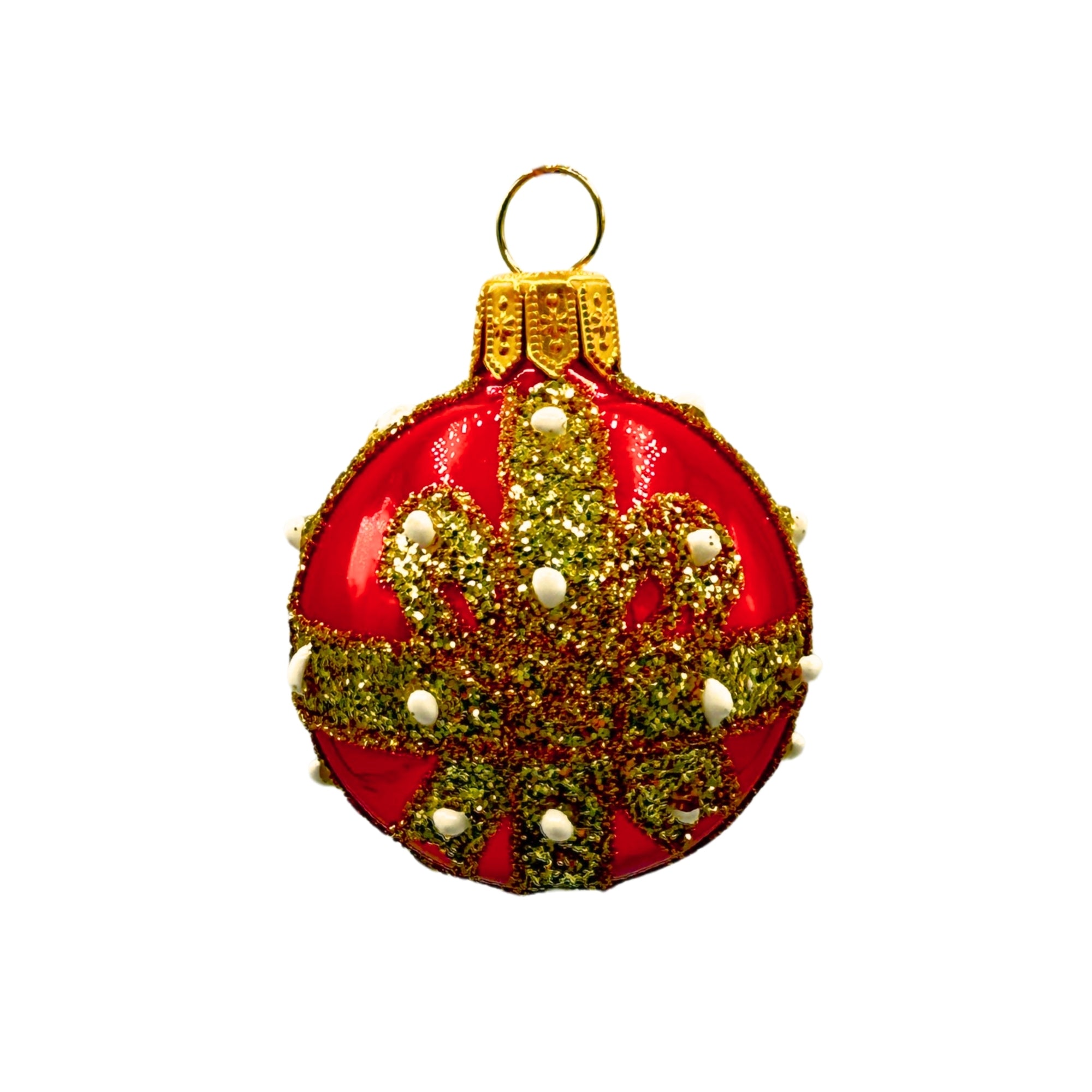 Boule de Noël en verre soufflé rouge décorée de paillettes dorées et de perles blanches