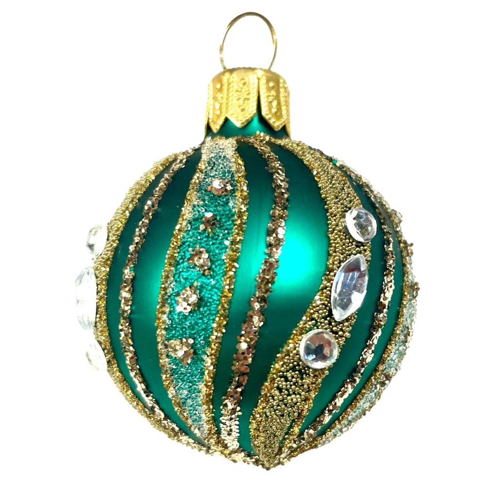 Boule de Noël en verre soufflé vert émeraude avec bandes dorées et strass