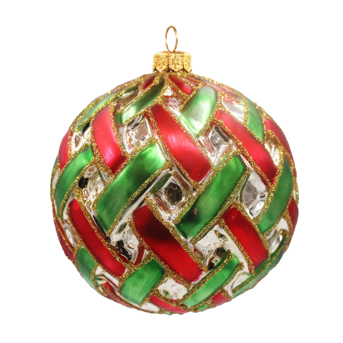Boule de Noël en verre soufflé rouge et vert, motif tressé souligné de doré