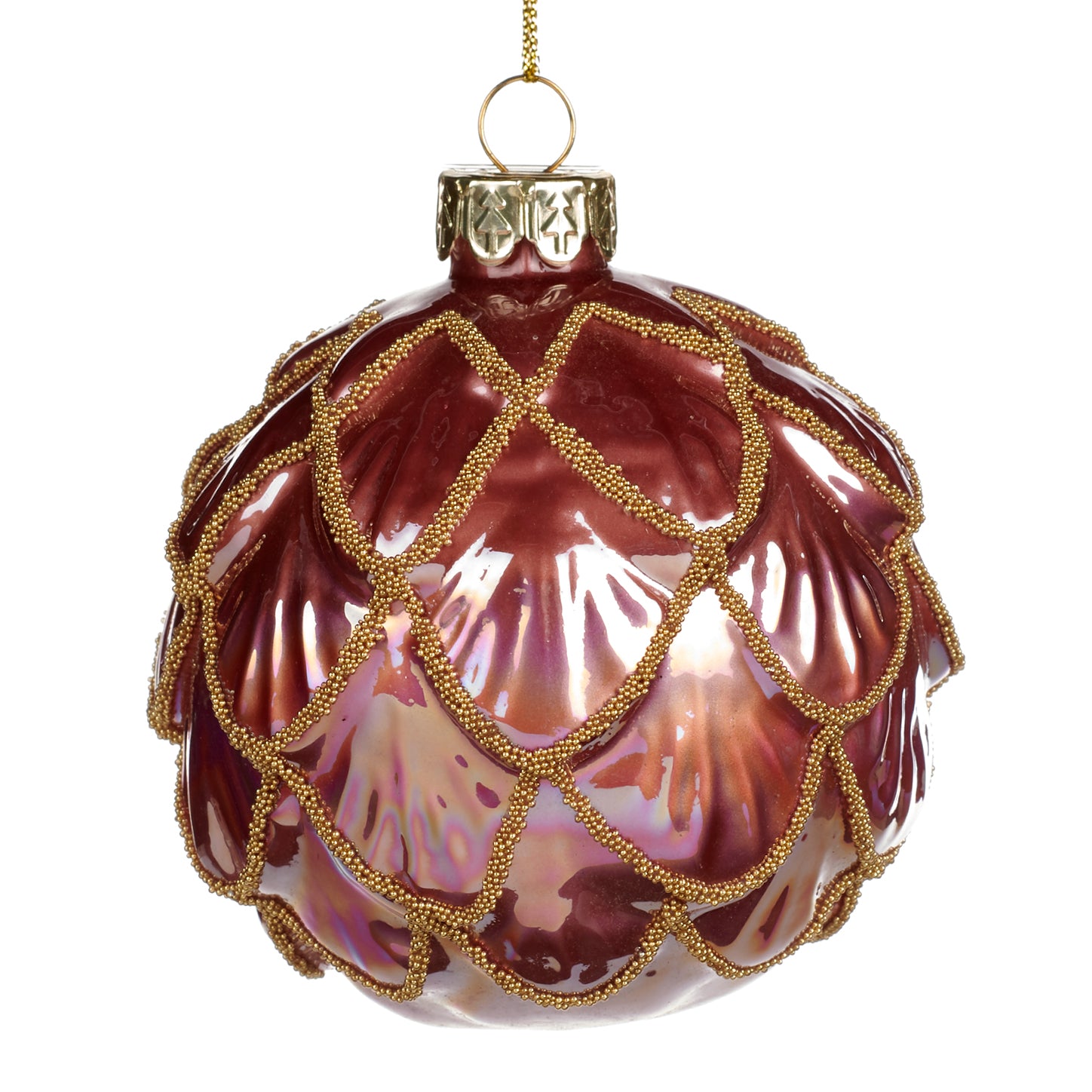 Boule de Noël en verre soufflé rouge bordeaux et doré, décorée de filets perlés