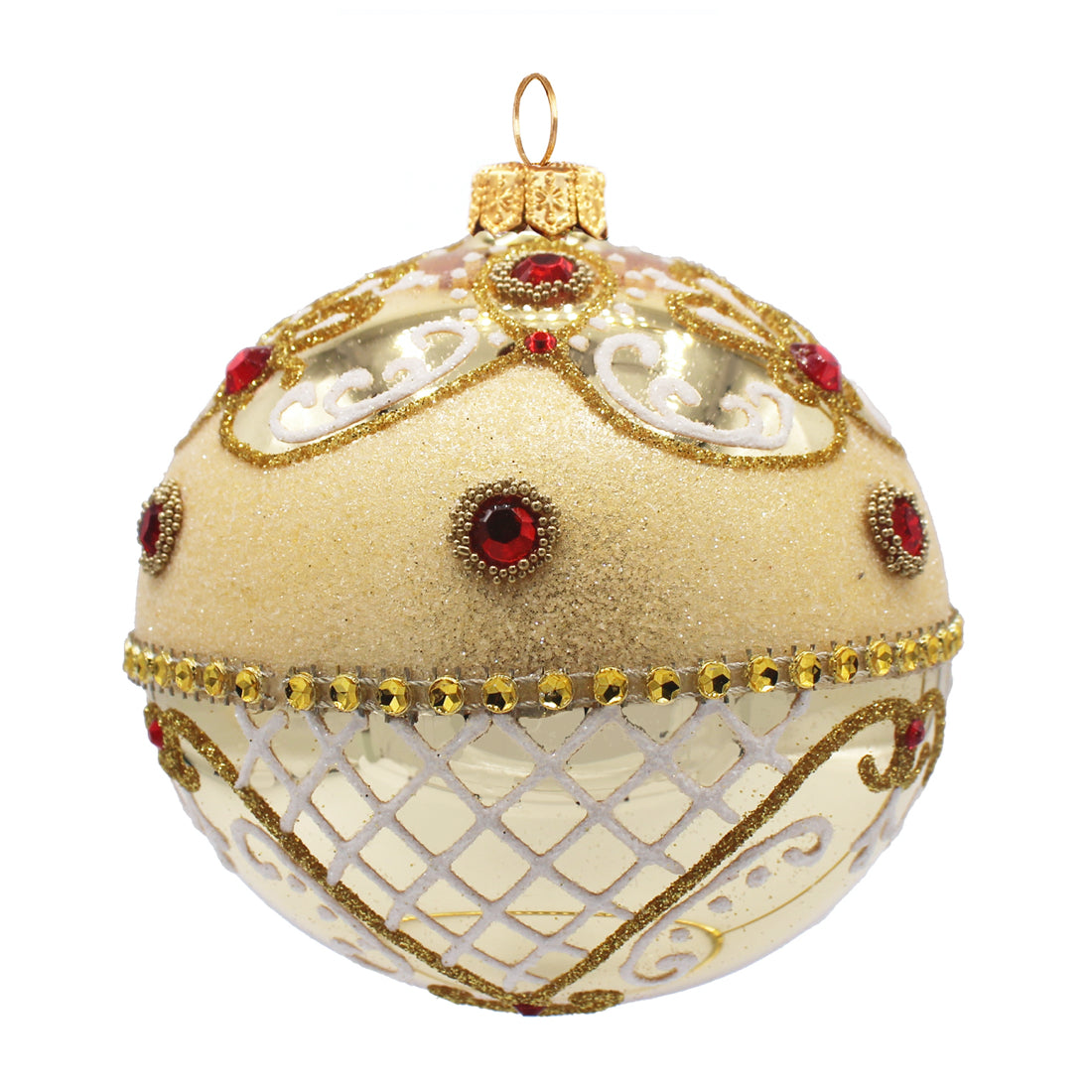 Boule de Noël en verre soufflé jaune doré, décorée de strass rouges et motifs ajourés