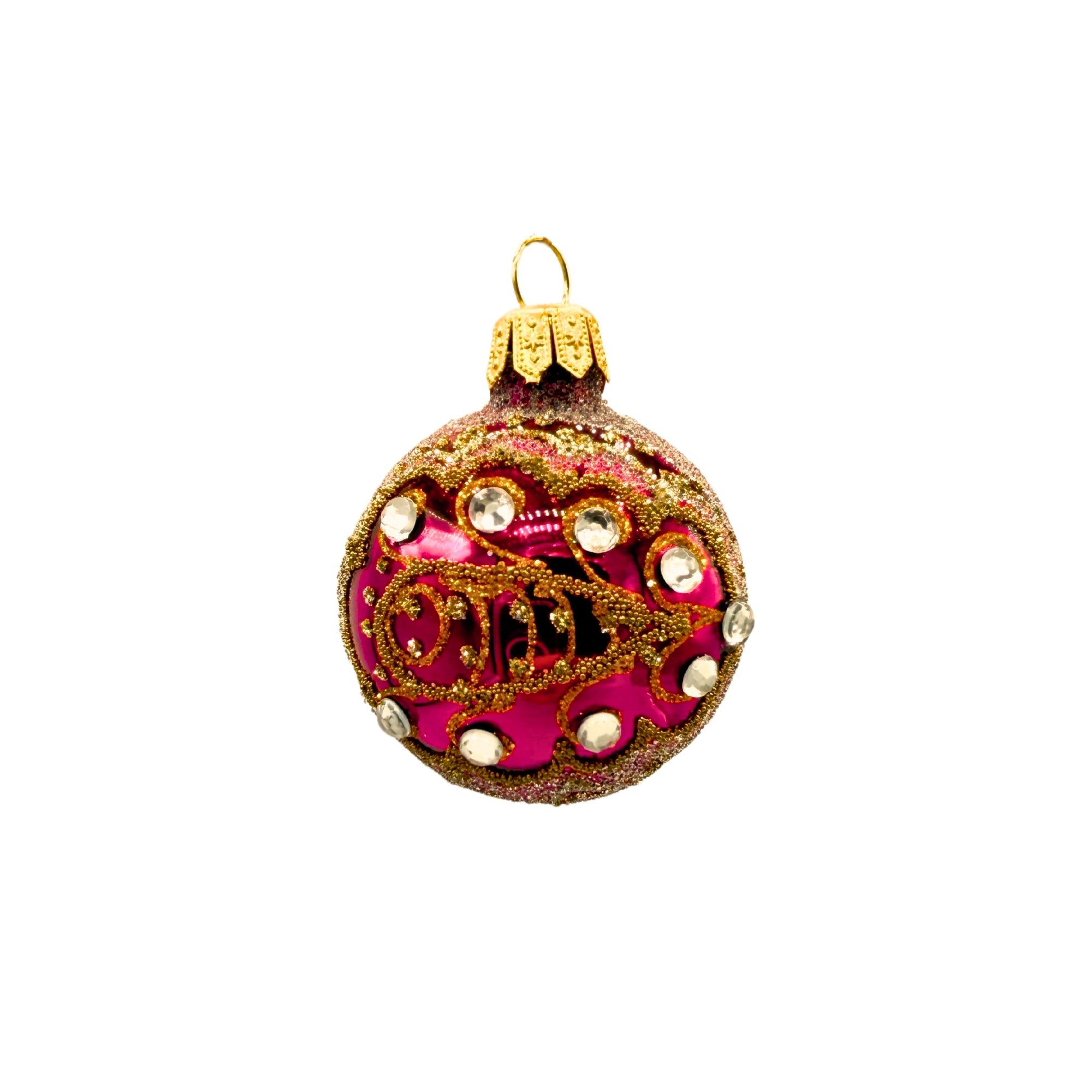 Boule de Noël en verre violette avec motifs dorés pailletés, strass décoratifs et attache dorée