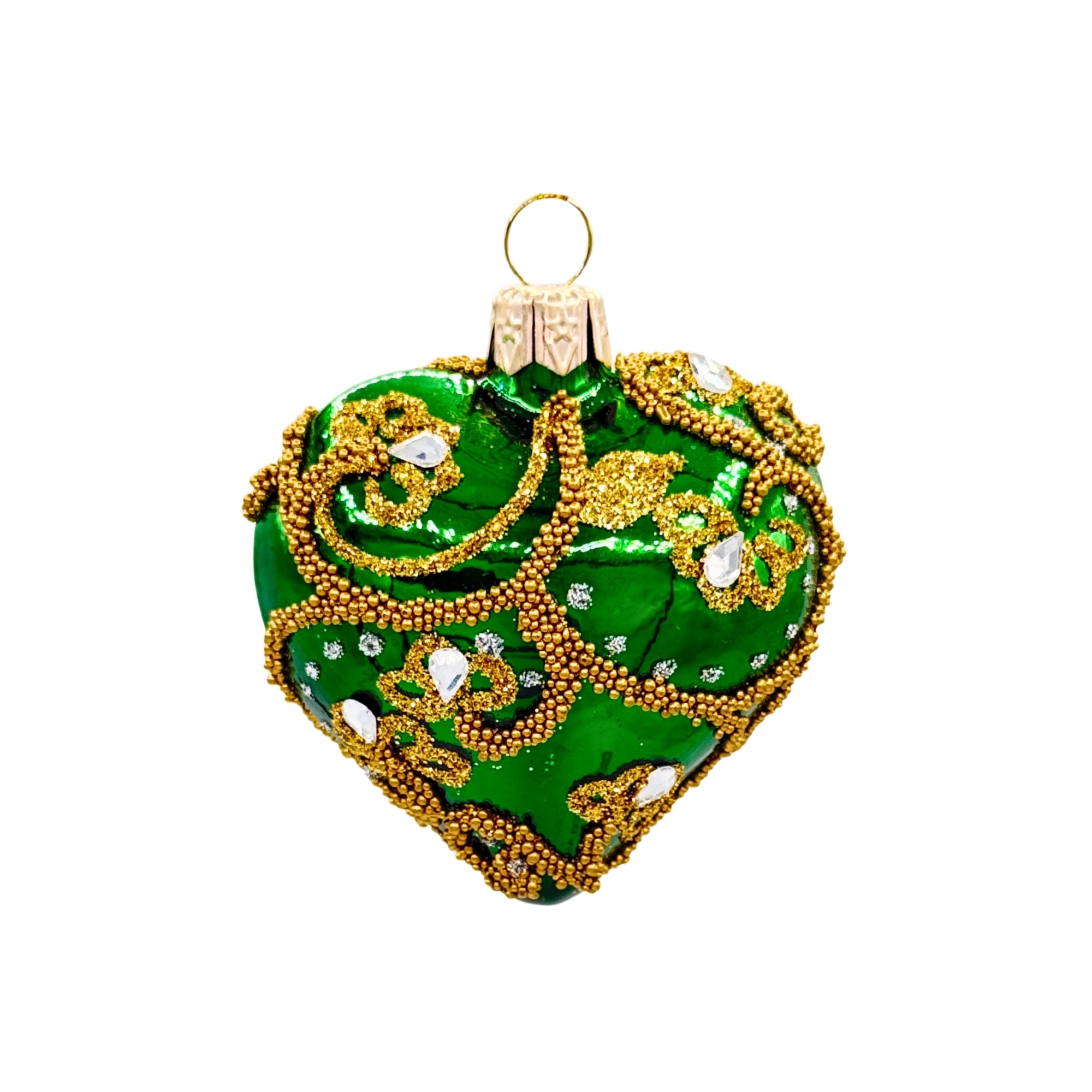 Boule de Noël en forme de cœur vert, décor doré pailleté et perles, strass, attache dorée