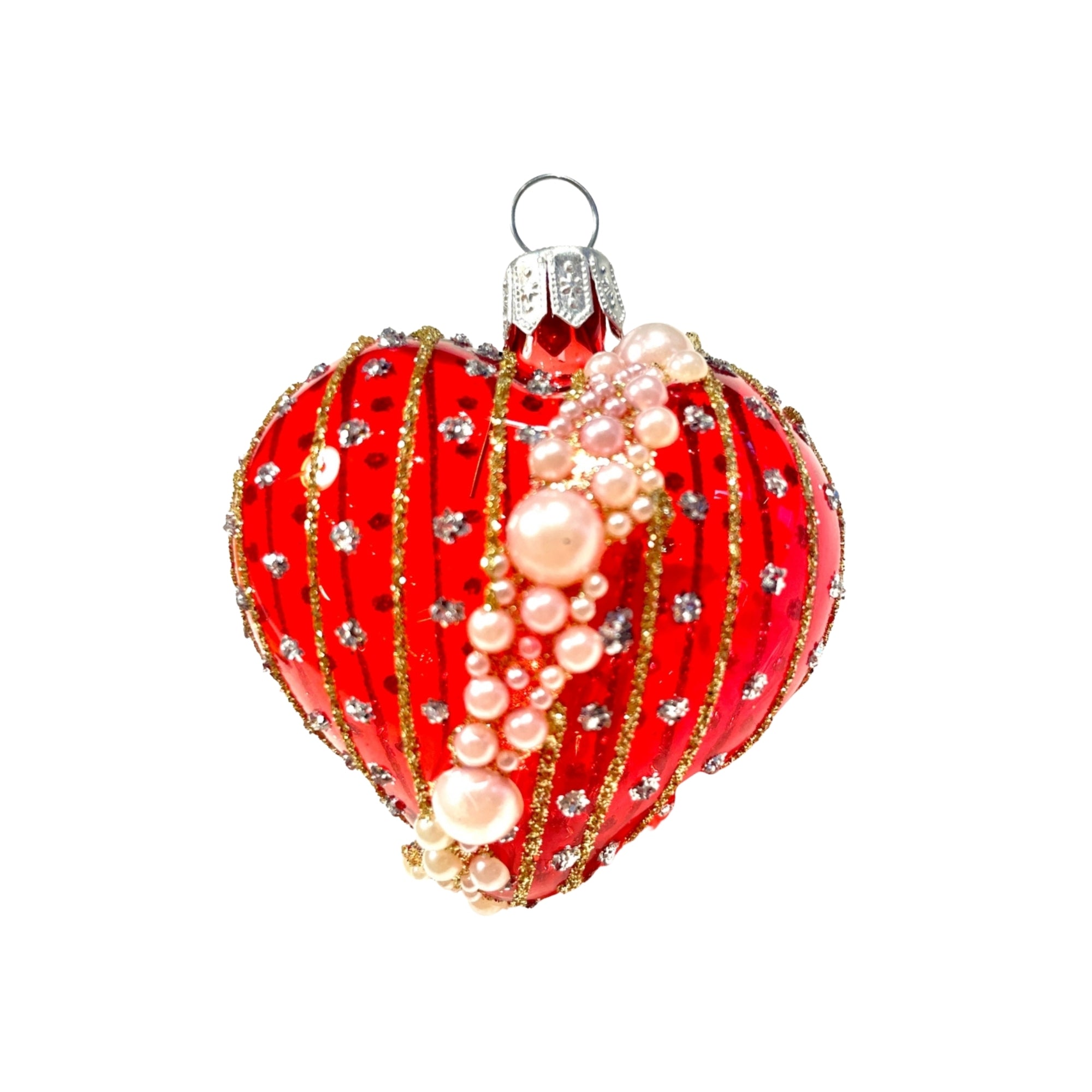 Coeur rouge en verre soufflé décoré de perles nacrées et filets dorés