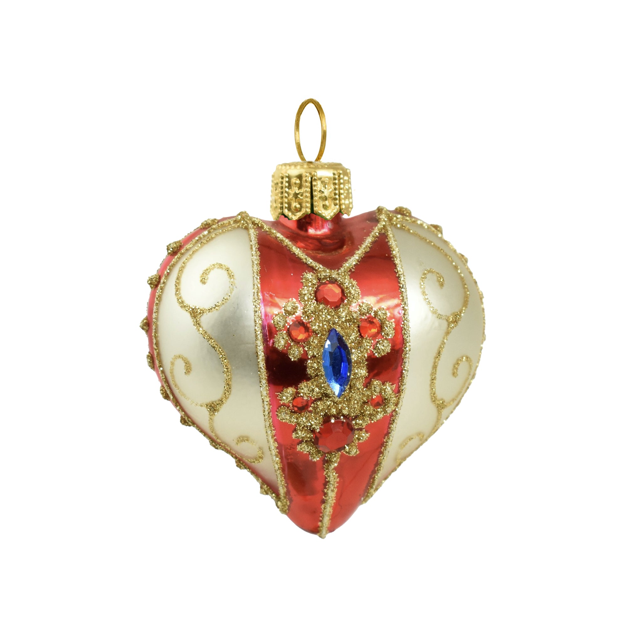 Cœur en verre soufflé rouge et blanc orné de dorures et de pierres décoratives