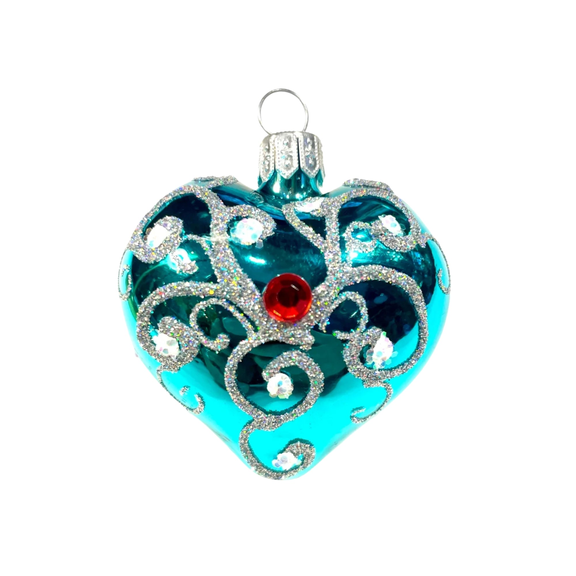 Petit coeur en verre soufflé bleu turquoise orné de volutes argentées et perle rouge