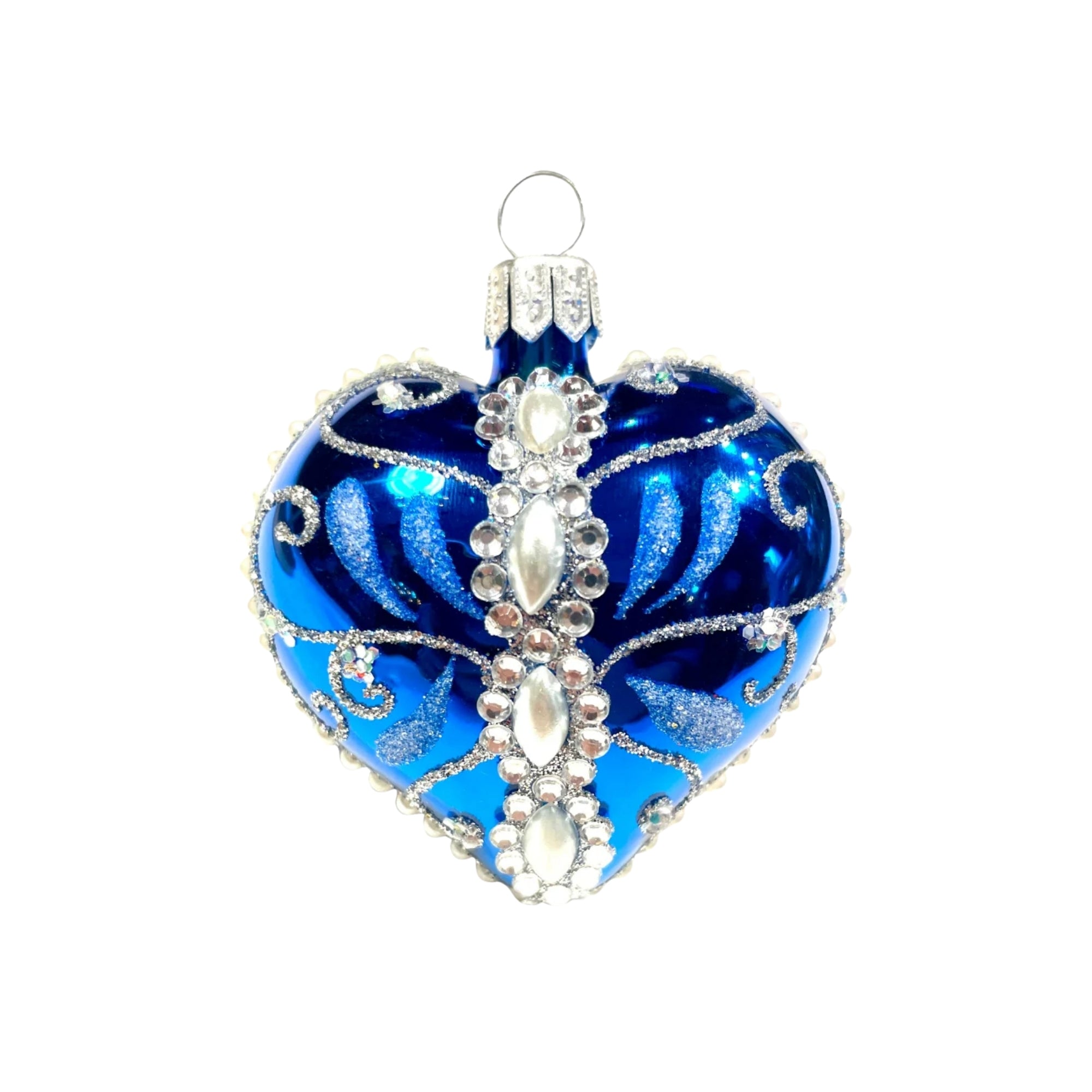 Coeur en verre soufflé bleu roi orné de perles et motifs argentés