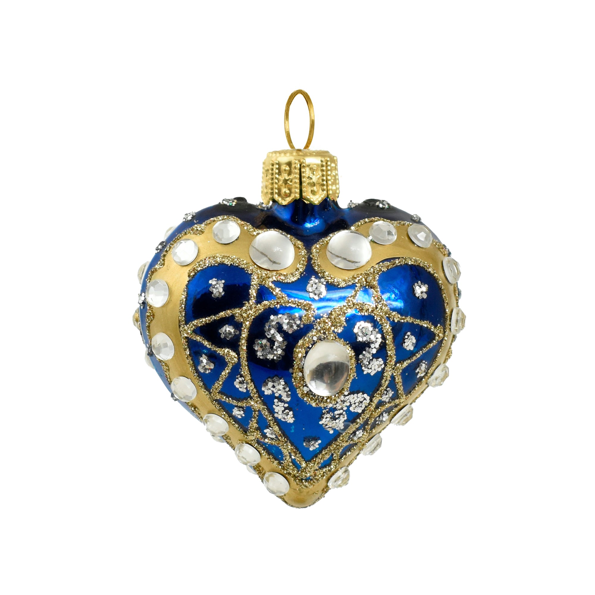Petit cœur en verre soufflé bleu et doré décoré de perles et strass