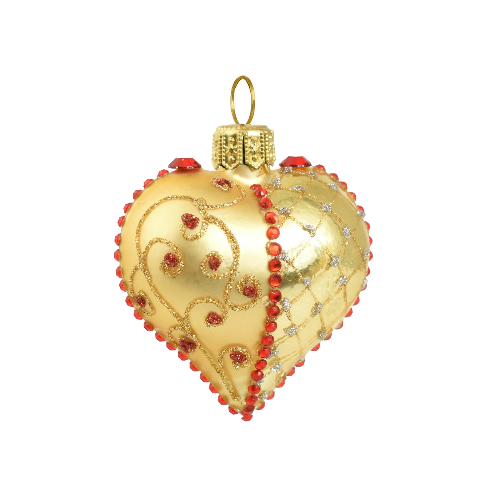 Petit coeur en verre soufflé doré avec motifs pailletés rouges et argentés