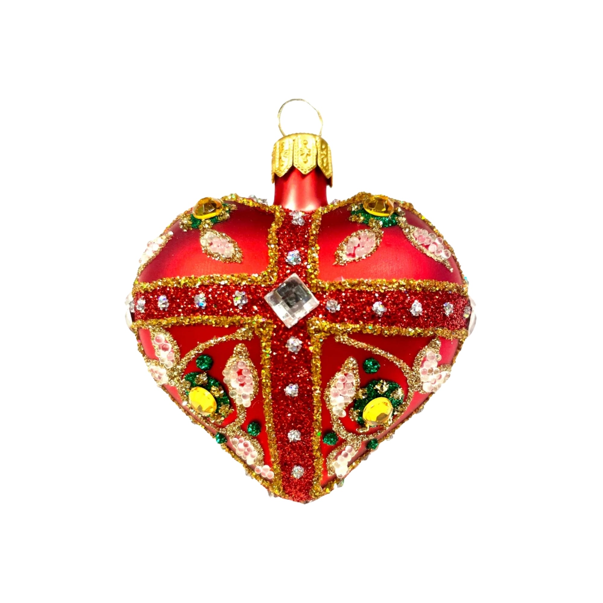 Cœur de Noël en verre soufflé rouge et argent, décoré de perles et strass