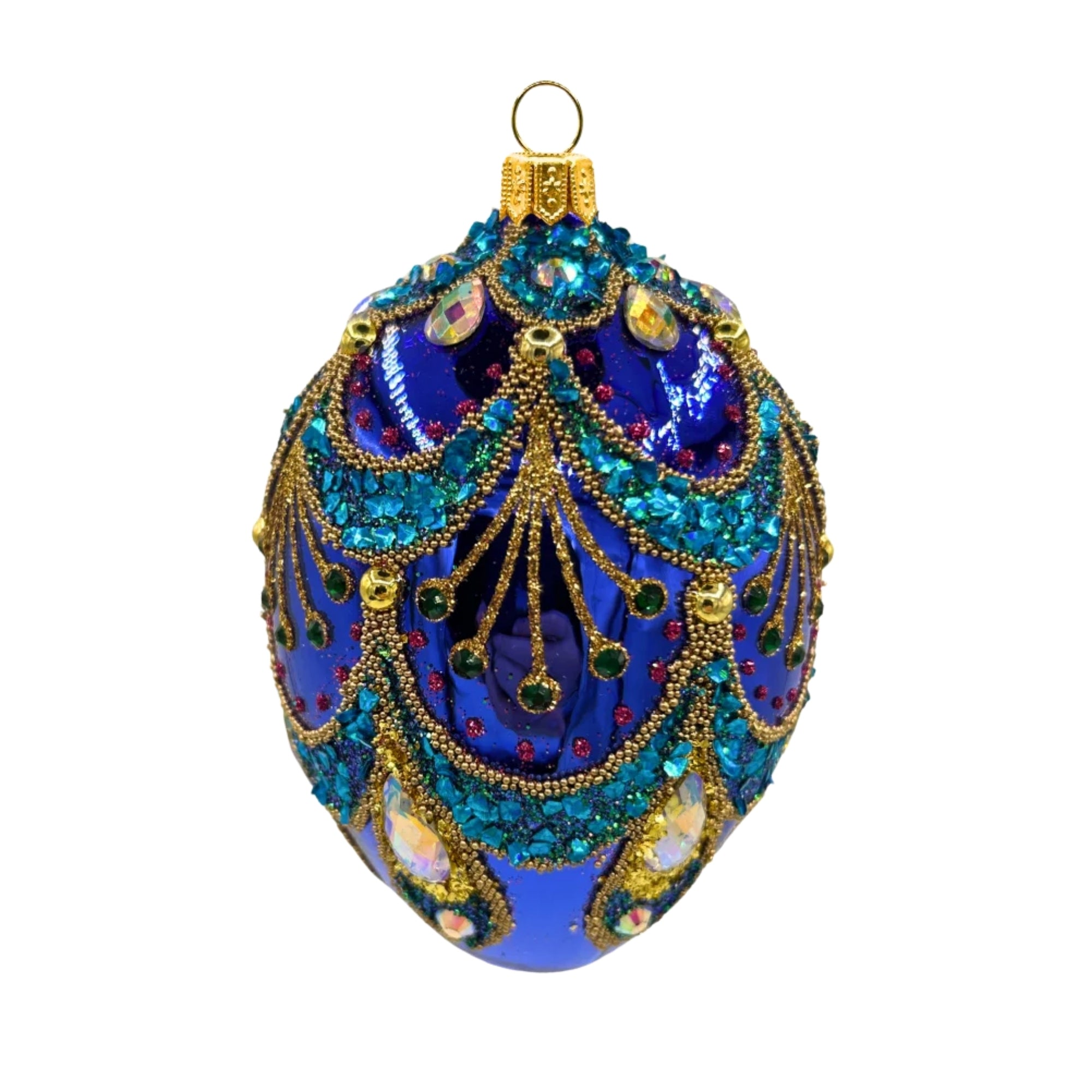 Oeuf de Noël en verre soufflé bleu décoré de motifs dorés, turquoise et violets