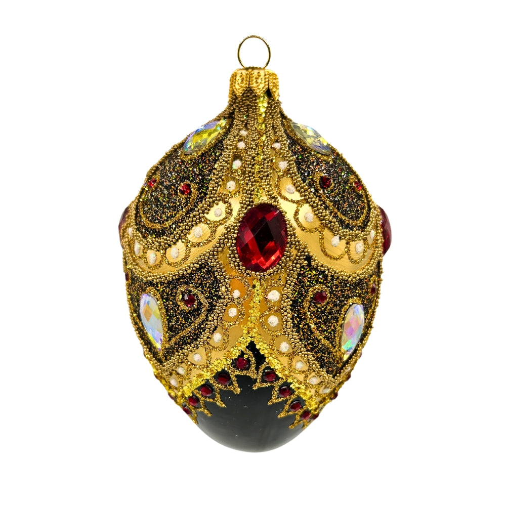 Oeuf de Noël en verre soufflé marron et or, orné de pierres rouges et perles