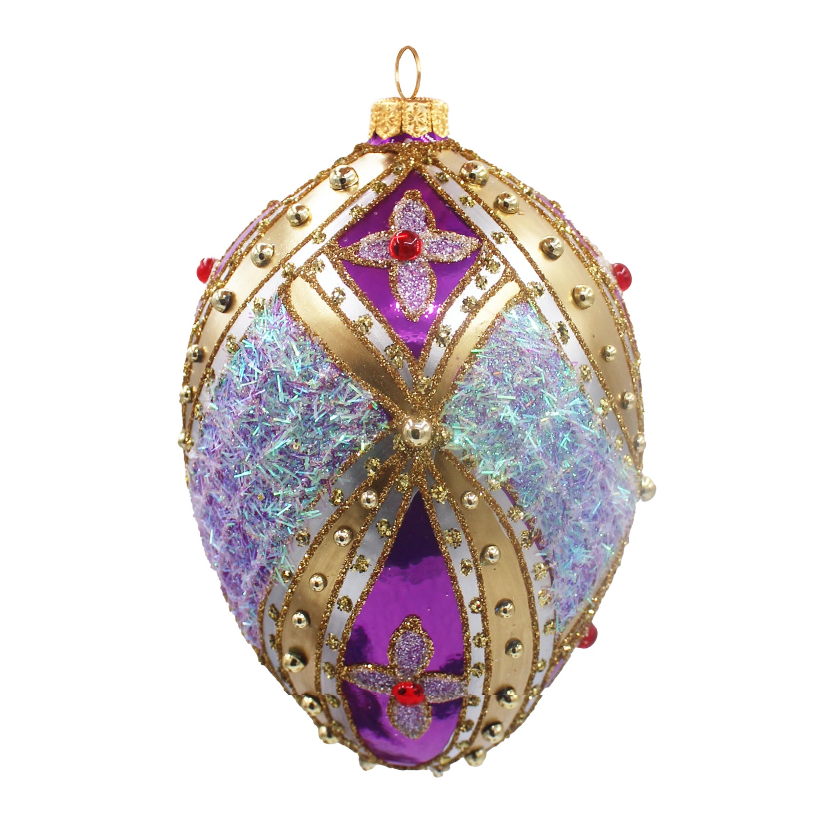 Œuf de Noël en verre soufflé violet et doré, décoré de motifs holographiques