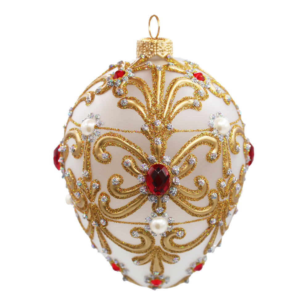 Œuf de Noël en verre soufflé blanc décoré d'or, perles et strass rouges