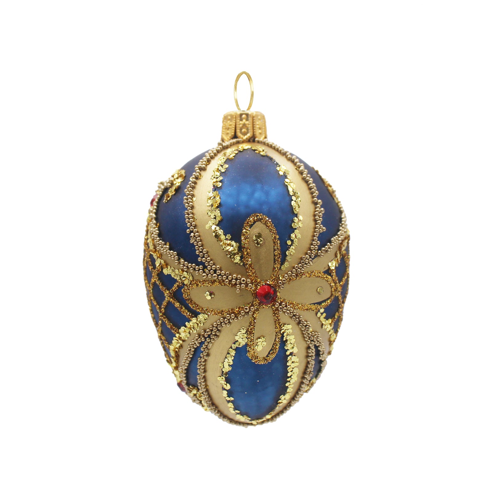 Œuf en verre soufflé bleu et doré avec motif floral, perle rouge et attache or