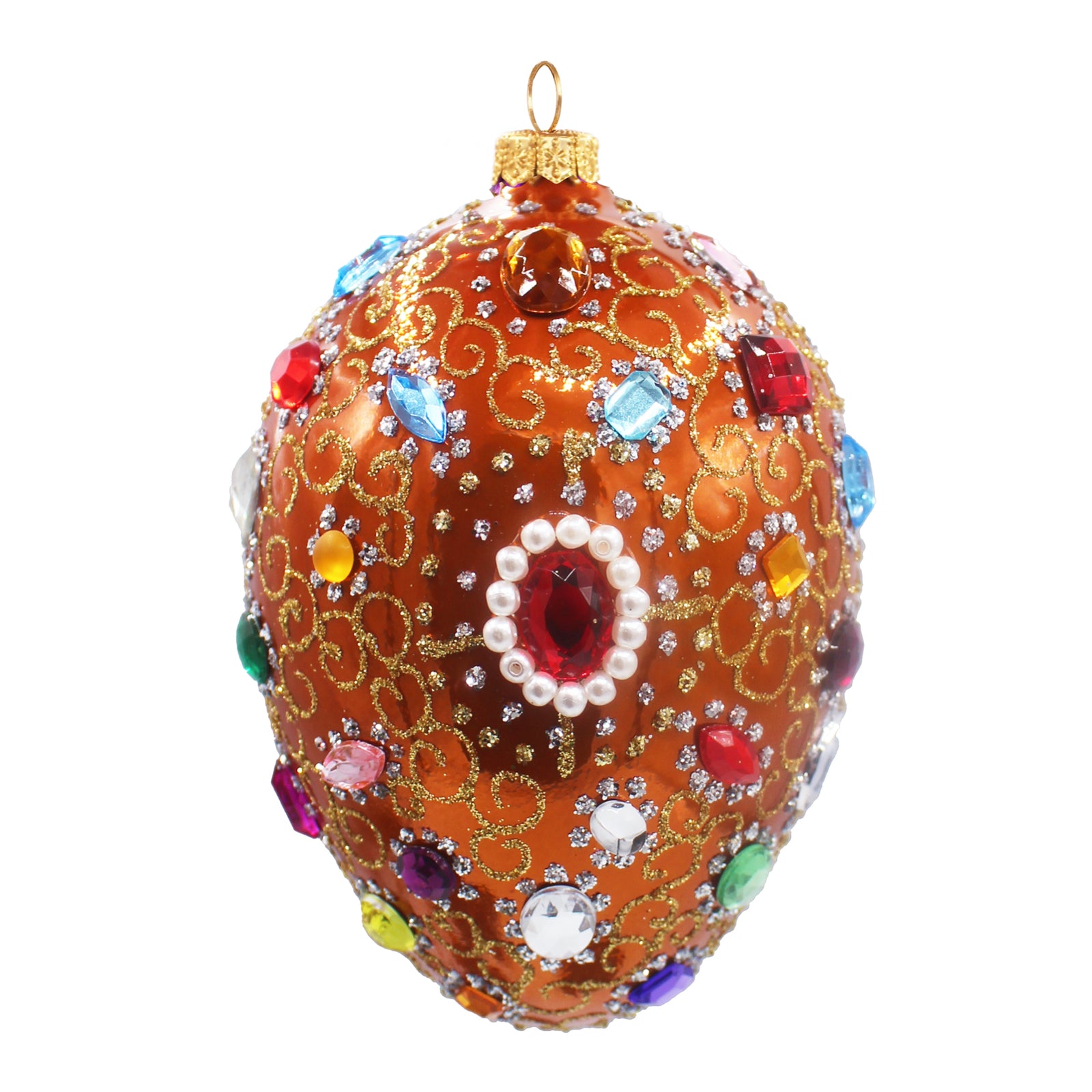 Œuf décoratif en verre soufflé cuivré et doré, orné de strass multicolores