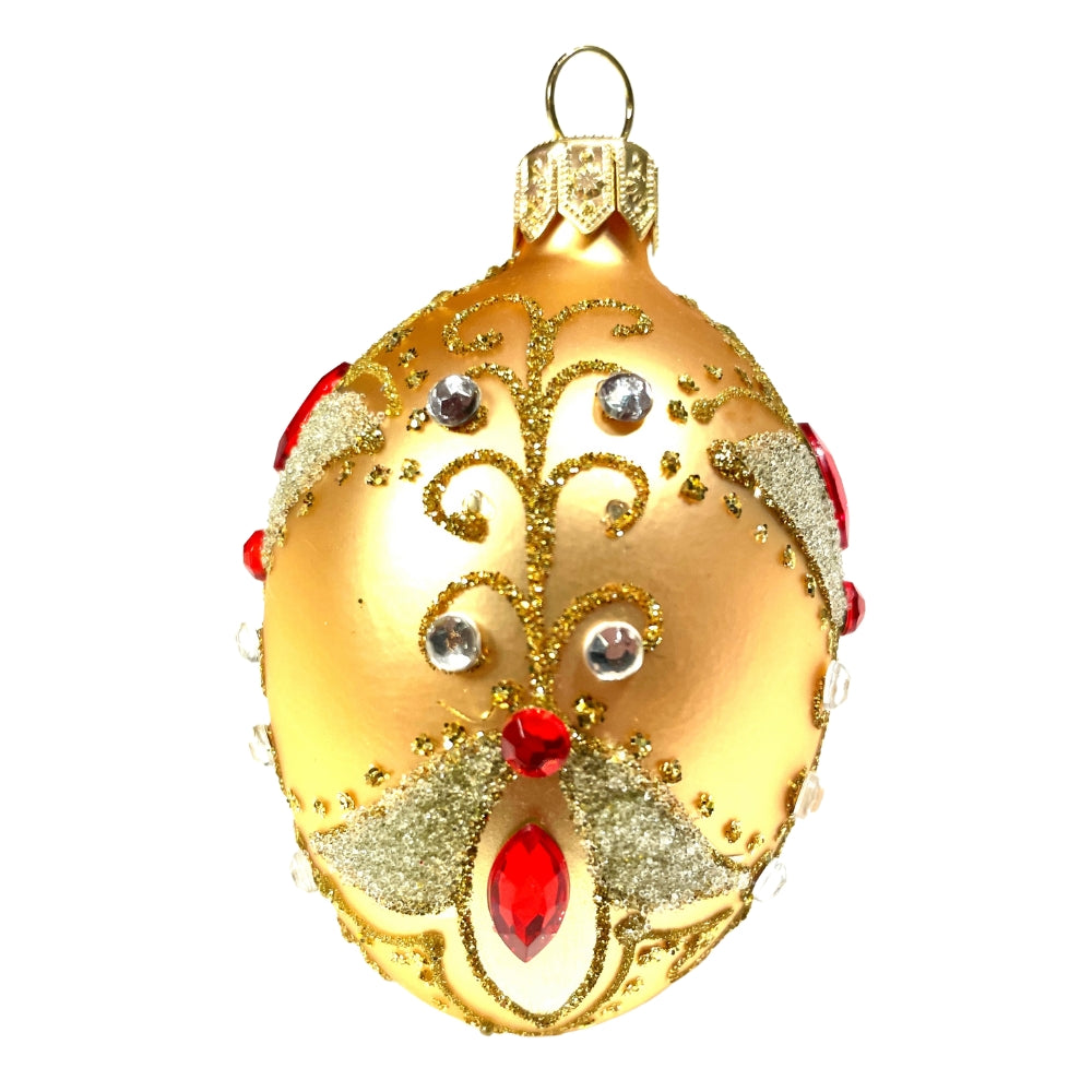 Œuf de Noël en verre soufflé doré, décoré de strass rouges et transparents