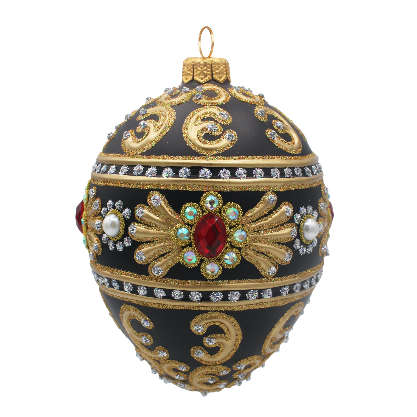 Œuf en verre soufflé noir orné de motifs dorés, strass et cabochon rouge