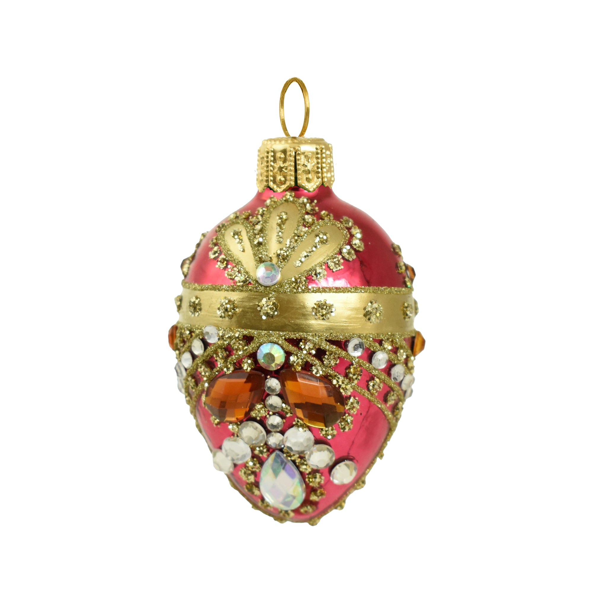 Oeuf en verre soufflé rose et doré, décoré de strass et motifs or