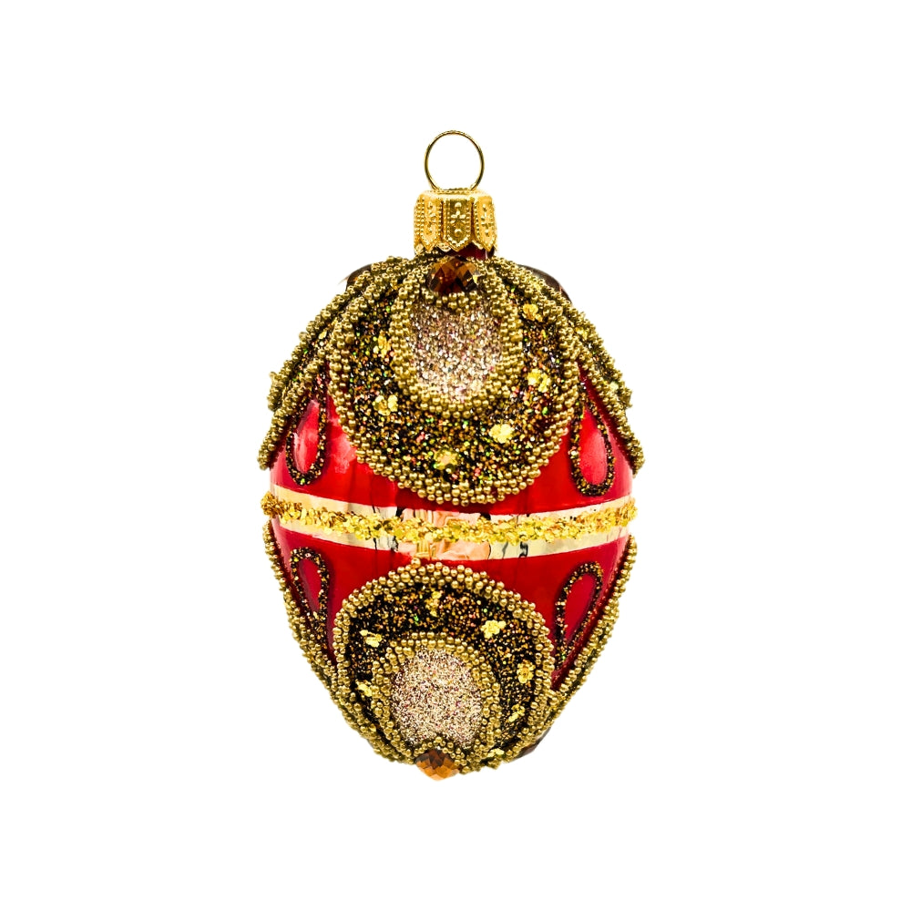 Œuf décoratif en verre soufflé rouge et doré, orné de perles et strass
