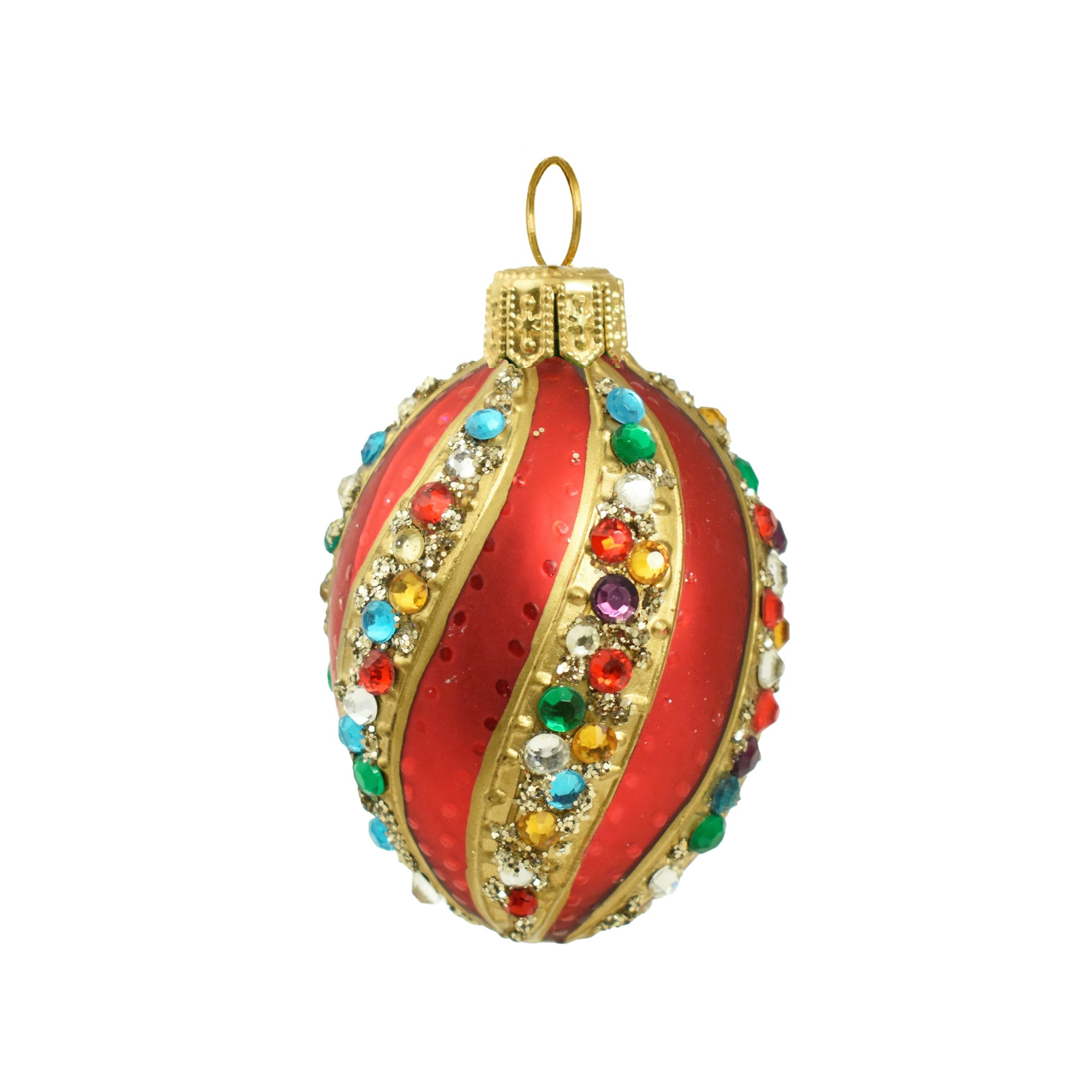 Oeuf en verre soufflé rouge et doré orné de strass multicolores