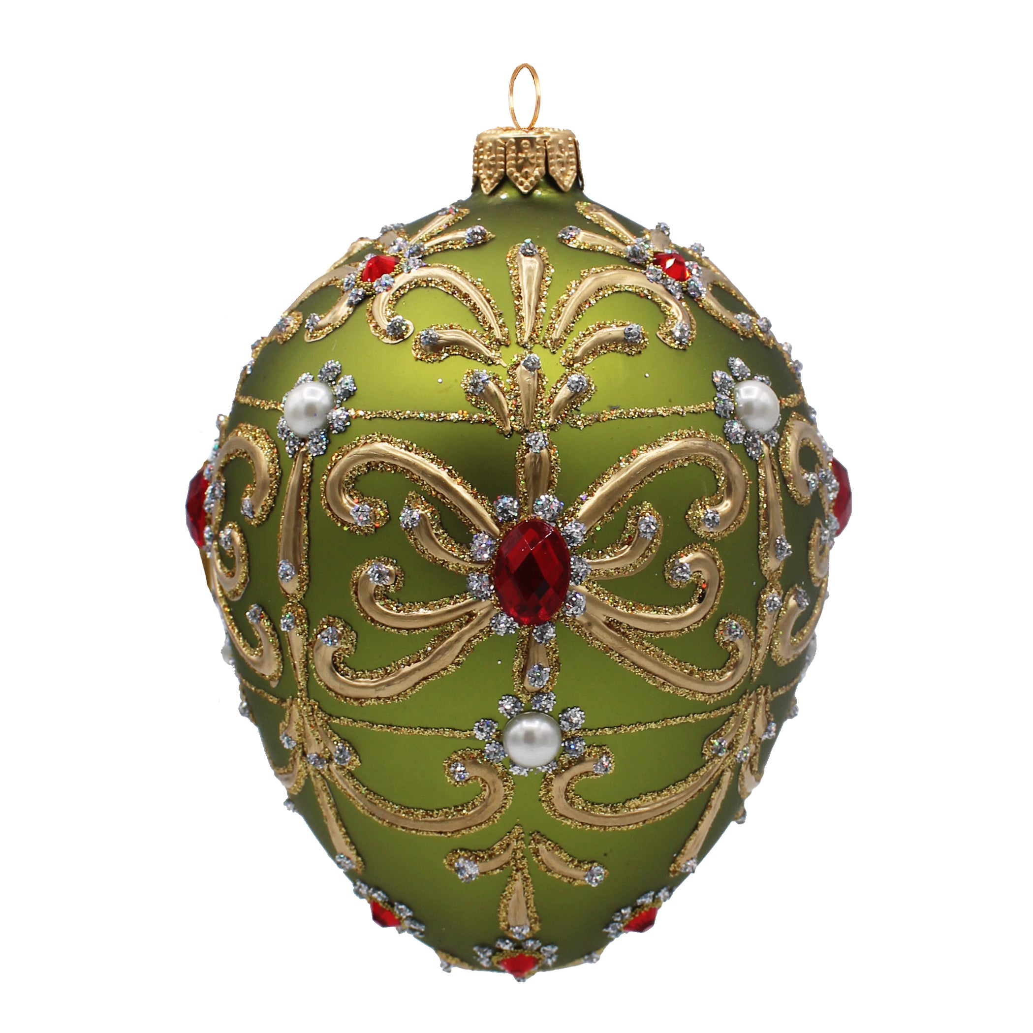 Œuf en verre soufflé vert orné de motifs dorés, strass rouges et perles blanches