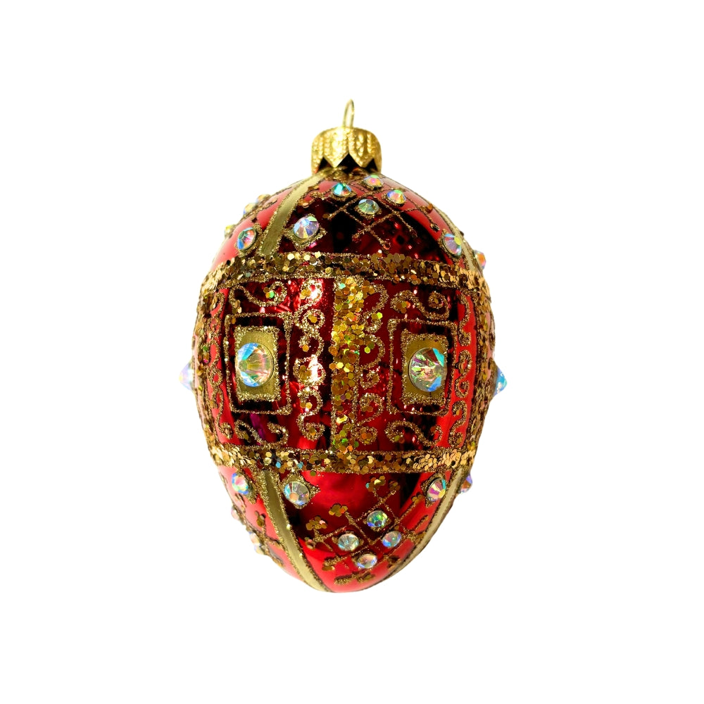Œuf de Noël en verre soufflé rouge et or, orné de strass irisés et motifs dorés