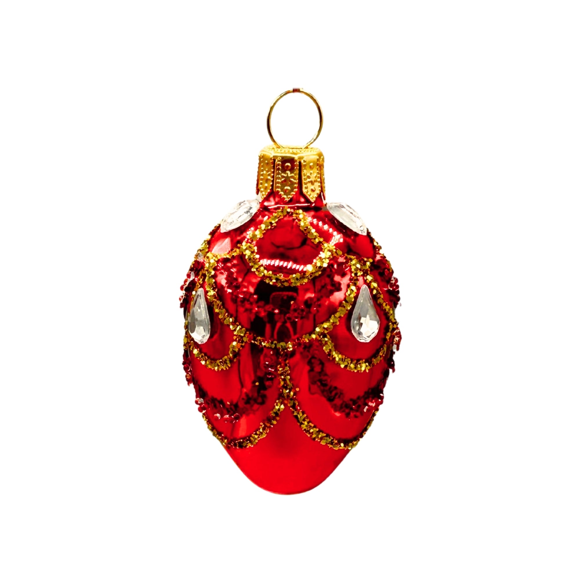 Ornement de Noël en verre soufflé rouge, forme d'œuf avec décor doré en relief et éléments facettés