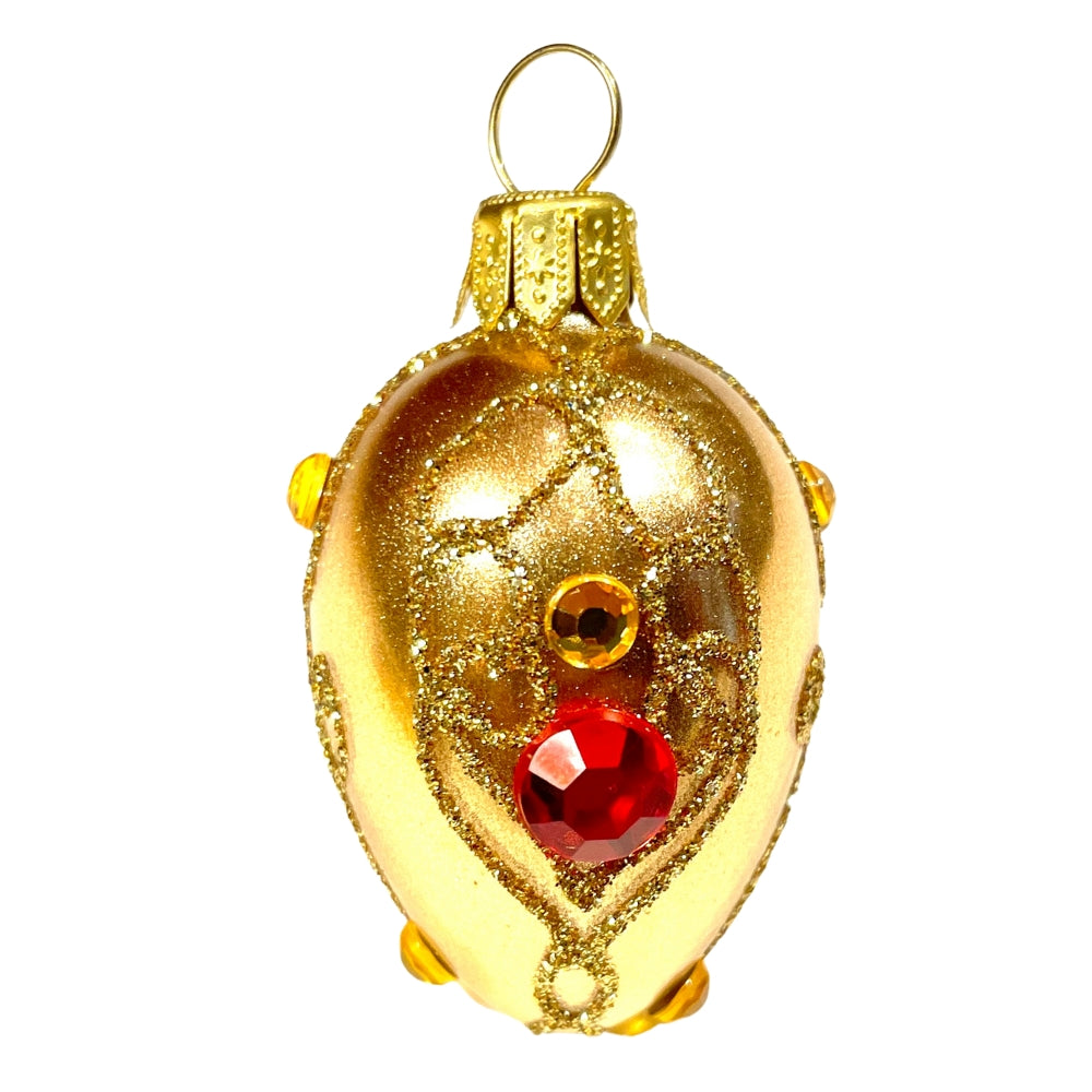 Oeuf décoratif en verre soufflé doré avec strass rouge et or, suspendu