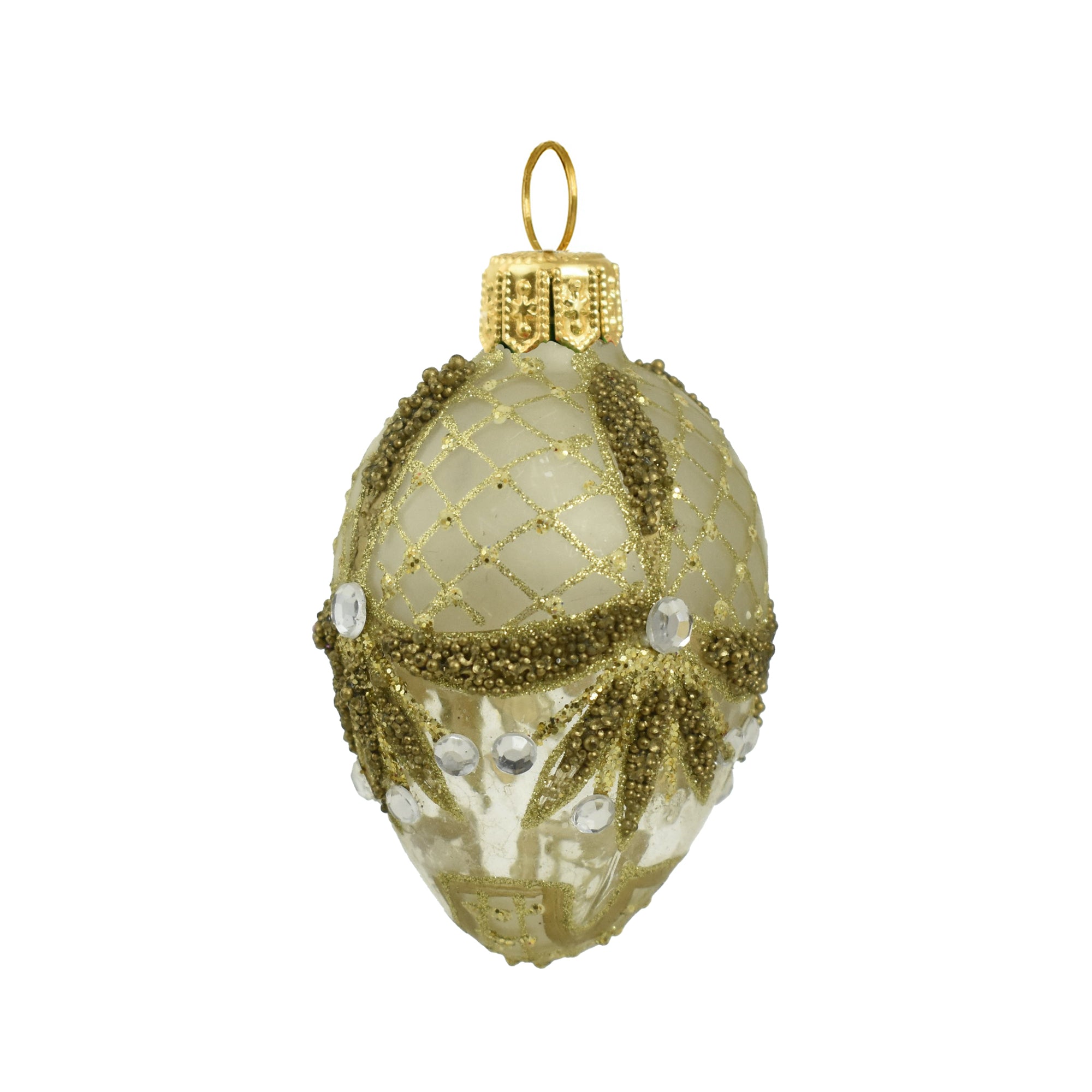 Petit oeuf de Noël en verre soufflé doré, décor de strass et reliefs perlés