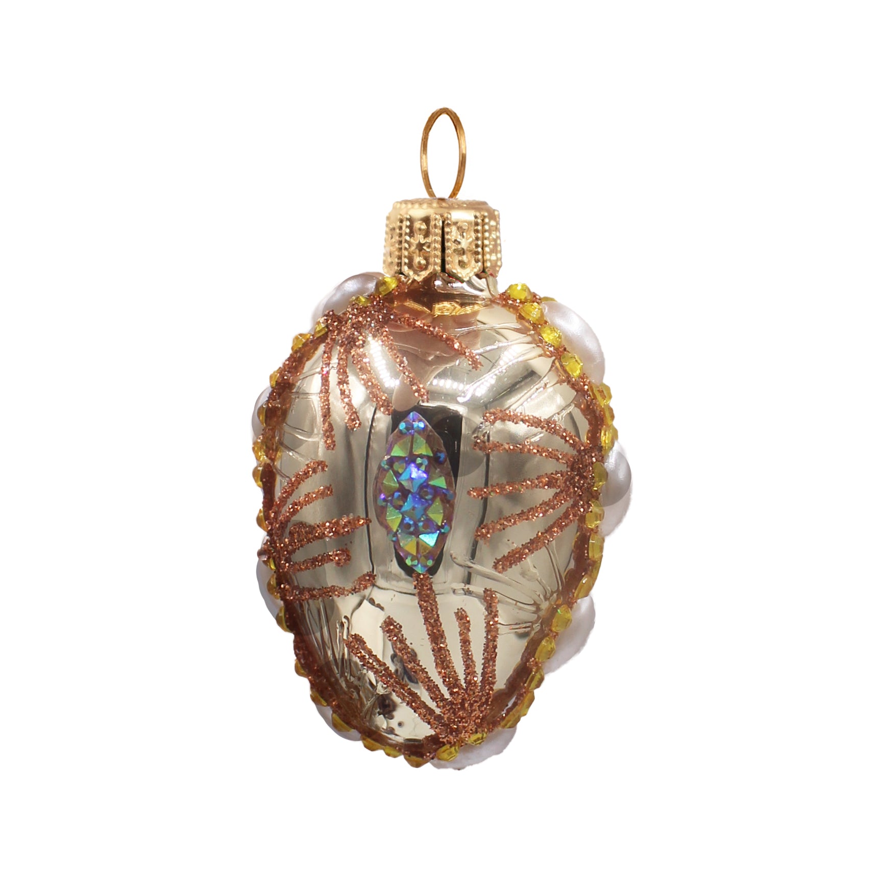 Petit œuf en verre soufflé doré, décoré de perles et motifs cuivrés