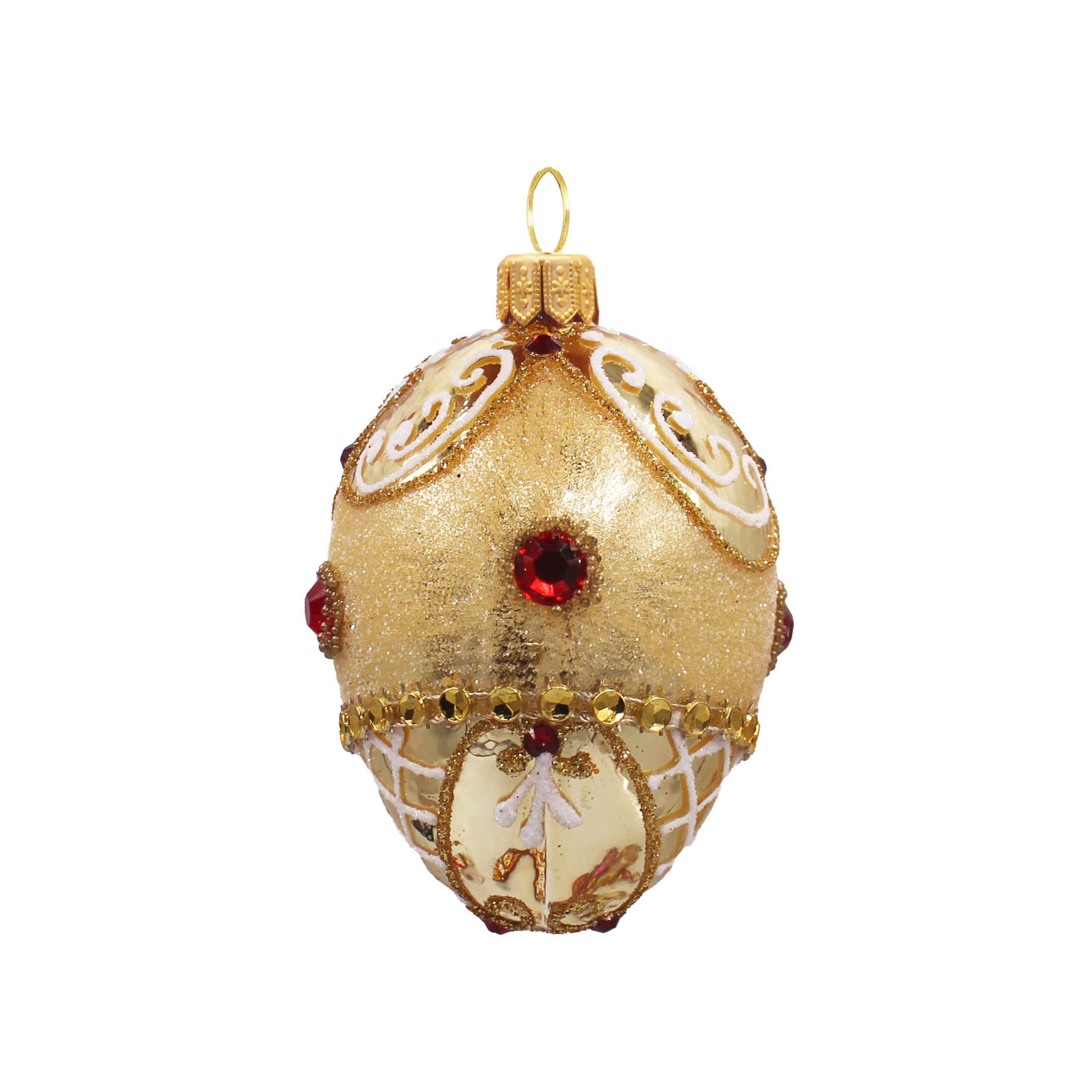Petit oeuf en verre soufflé doré et ivoire, décoré de perles rouges et motifs blancs