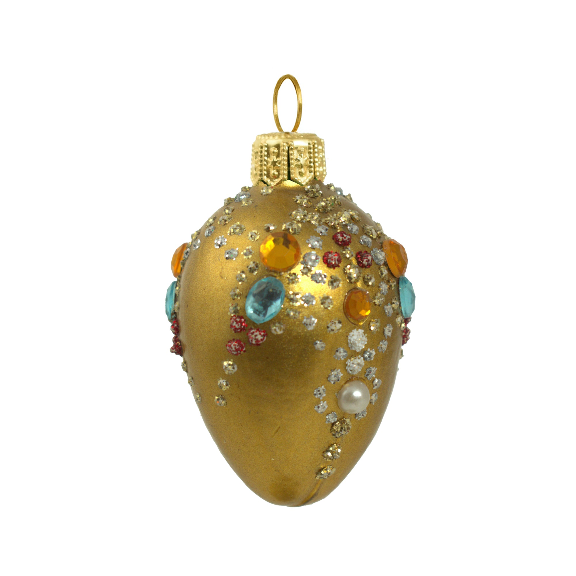 Petit oeuf en verre soufflé doré, décoré de strass multicolores et paillettes