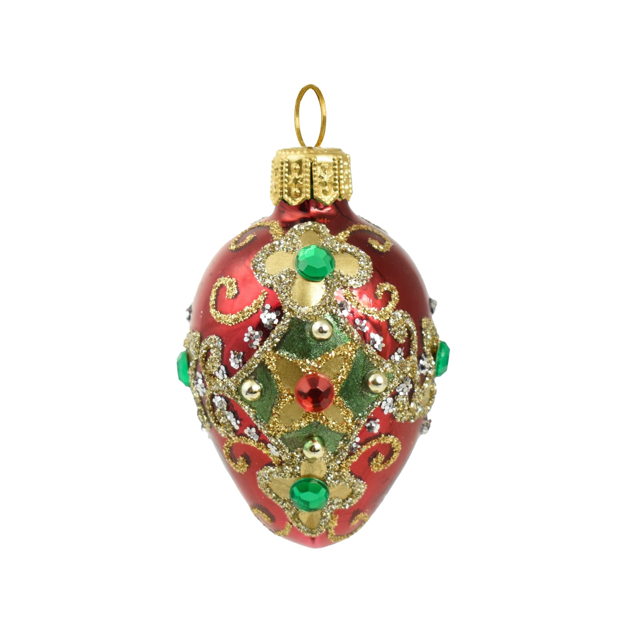 Petit oeuf en verre soufflé rouge, décor or et strass verts et rouges