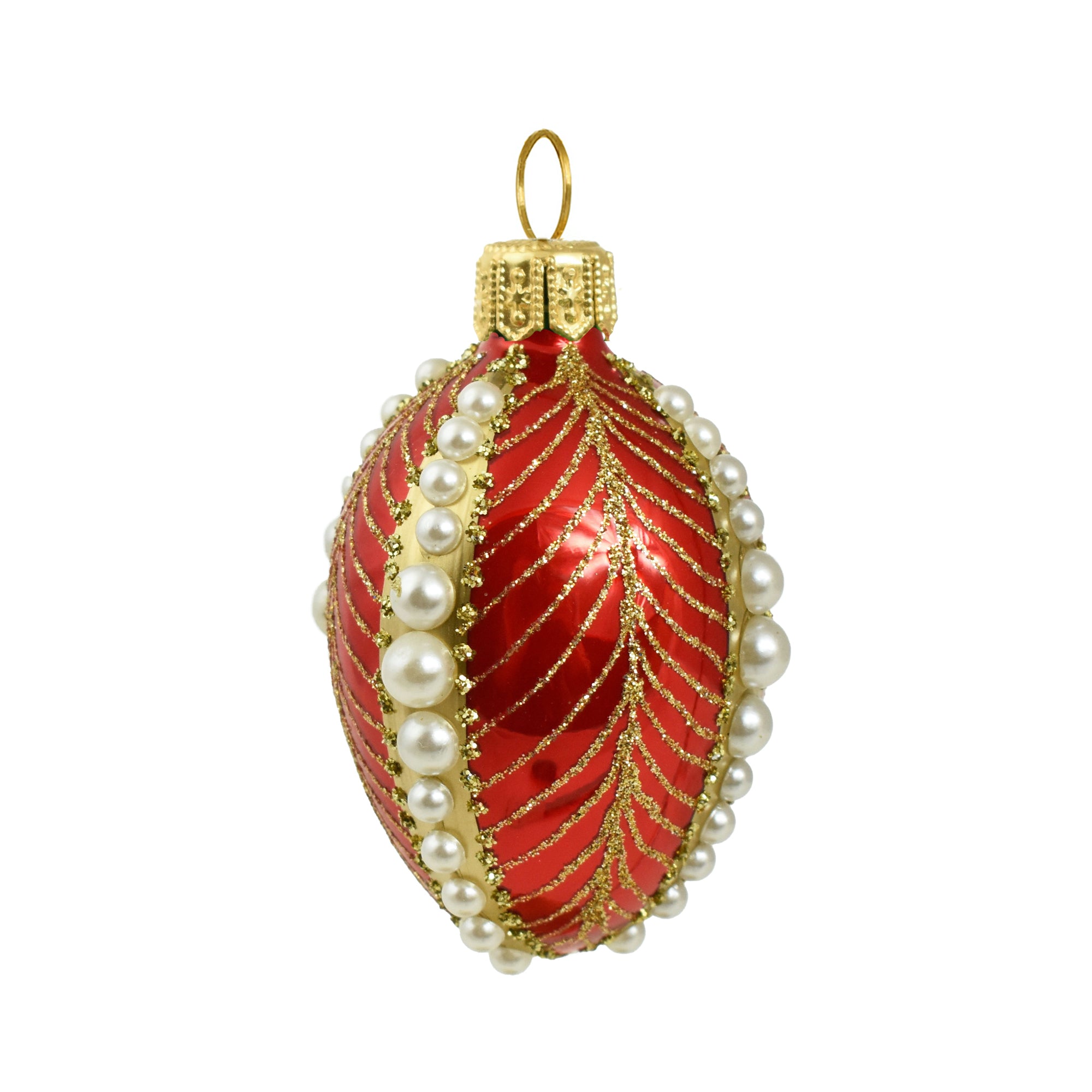 Petit oeuf de Noël en verre soufflé rouge et doré, bordé de perles blanches