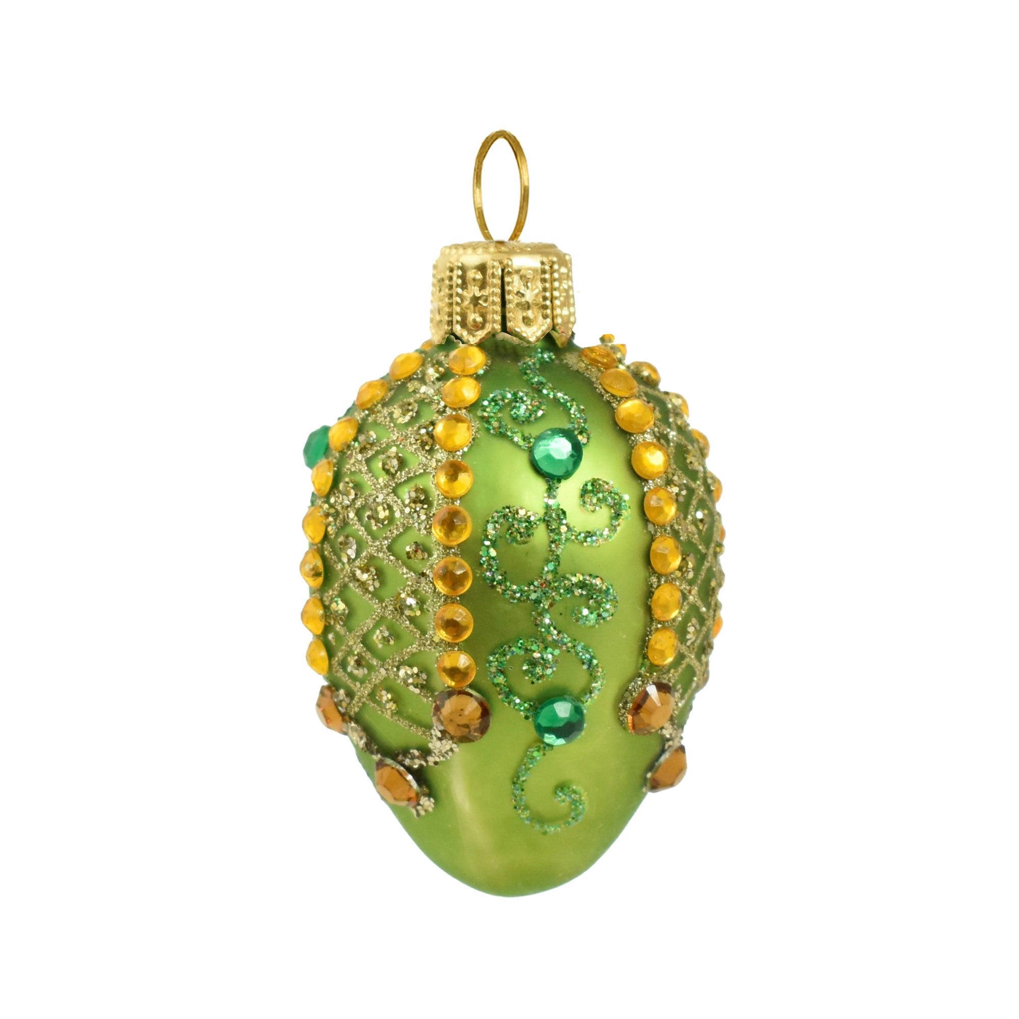 Petit oeuf en verre soufflé vert orné de strass dorés, verts et de motifs pailletés