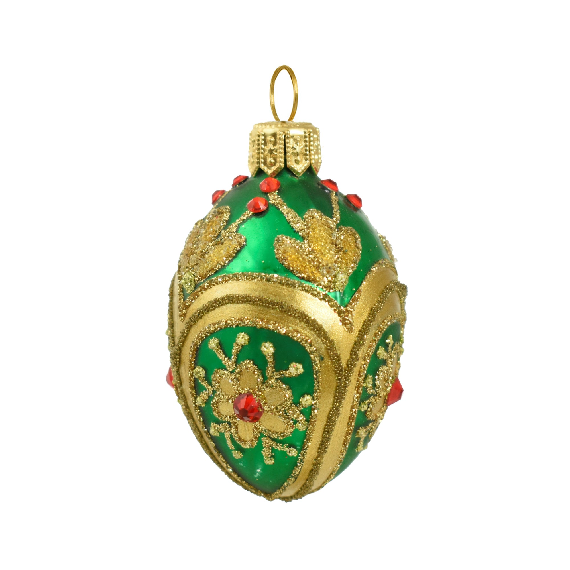 Petit oeuf en verre soufflé vert, doré et rehaussé de motifs rouges