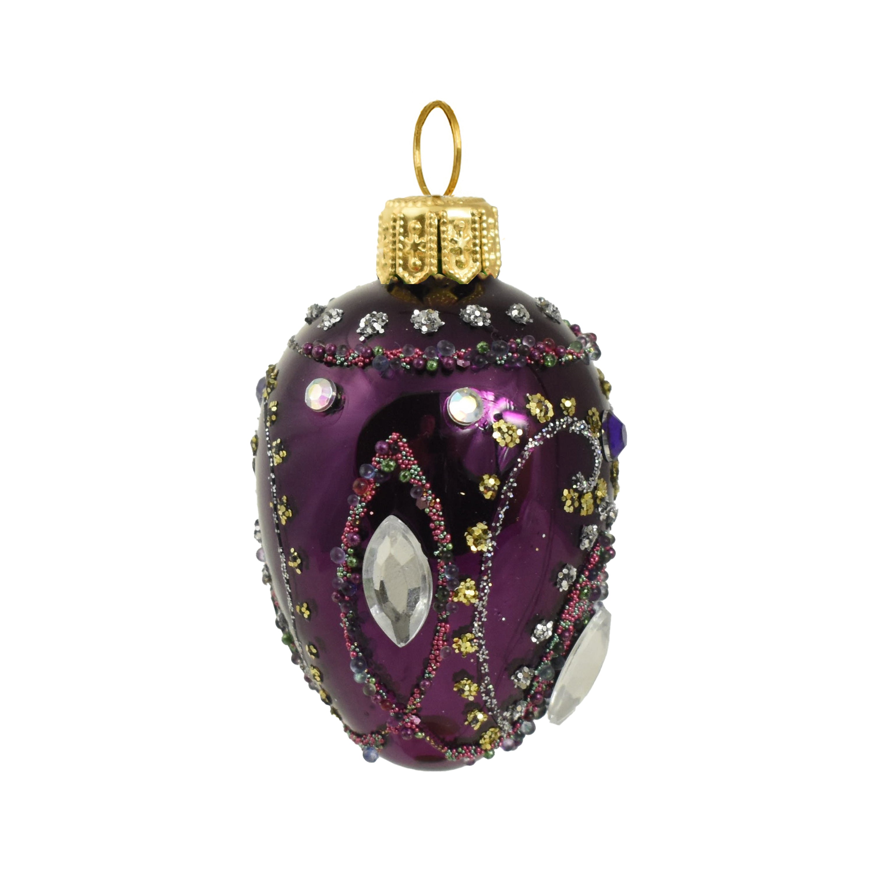 Petit œuf en verre soufflé violet décoré de strass et capuchon doré