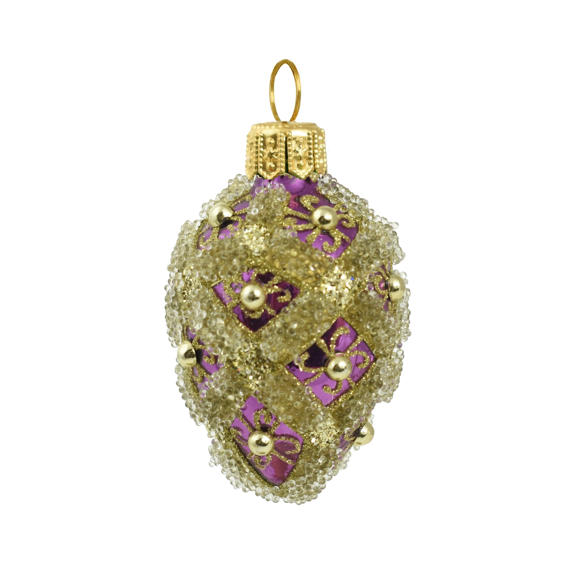 Petit œuf en verre soufflé violet pailleté or, décoré de perles et motifs dorés