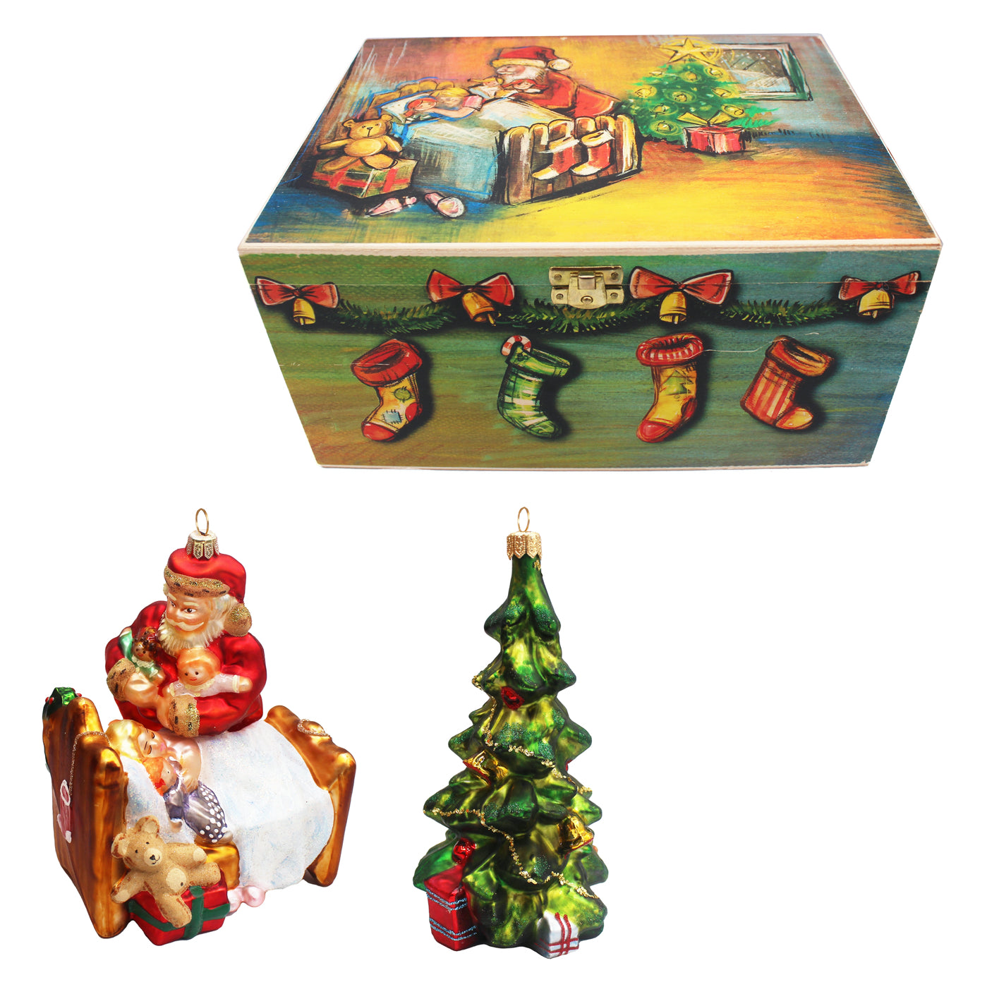 Coffret en bois illustré avec Père Noël et enfant, contenant deux décorations de Noël en verre soufflé