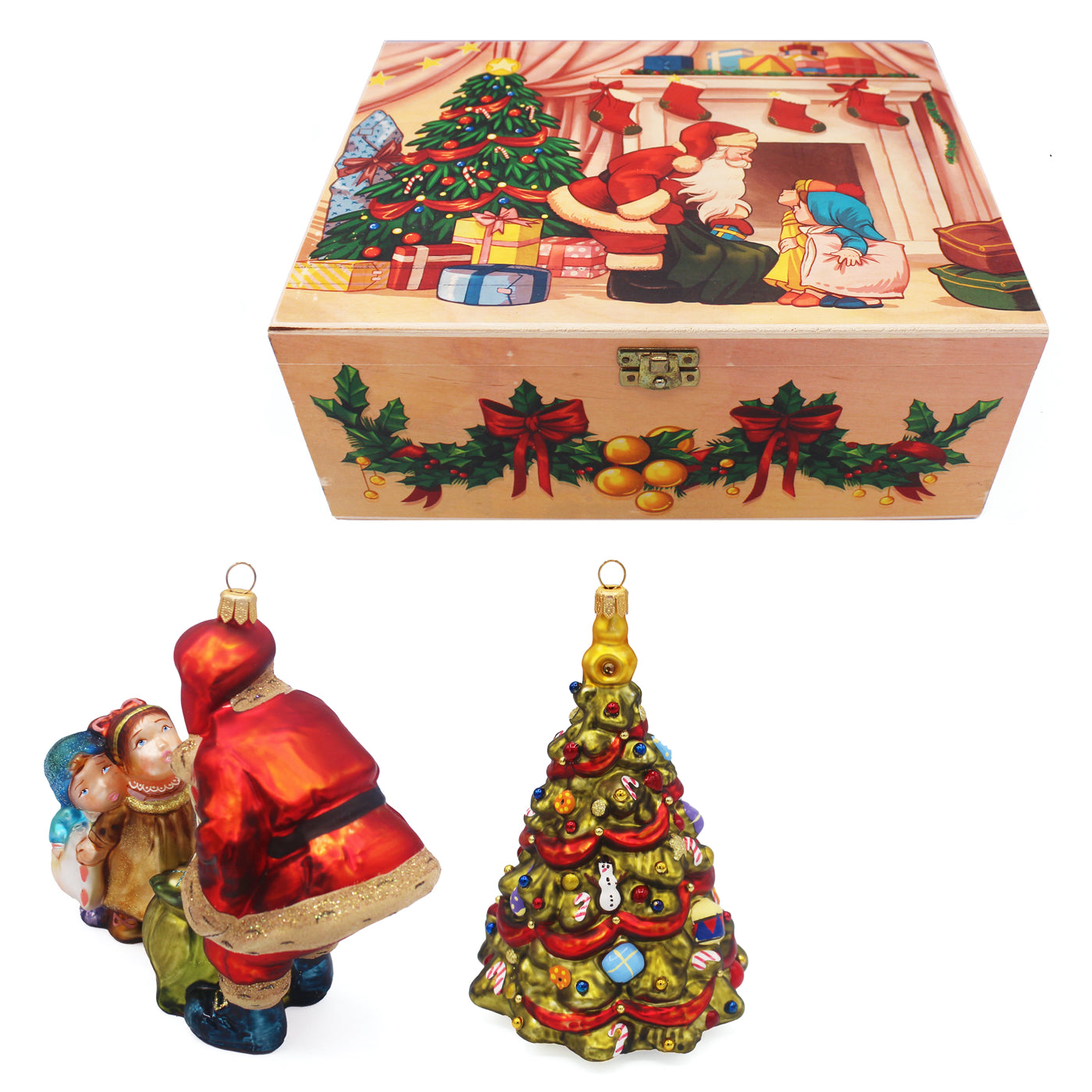 Coffret en bois illustré contenant deux décorations de Noël en verre soufflé, Père Noël et enfants